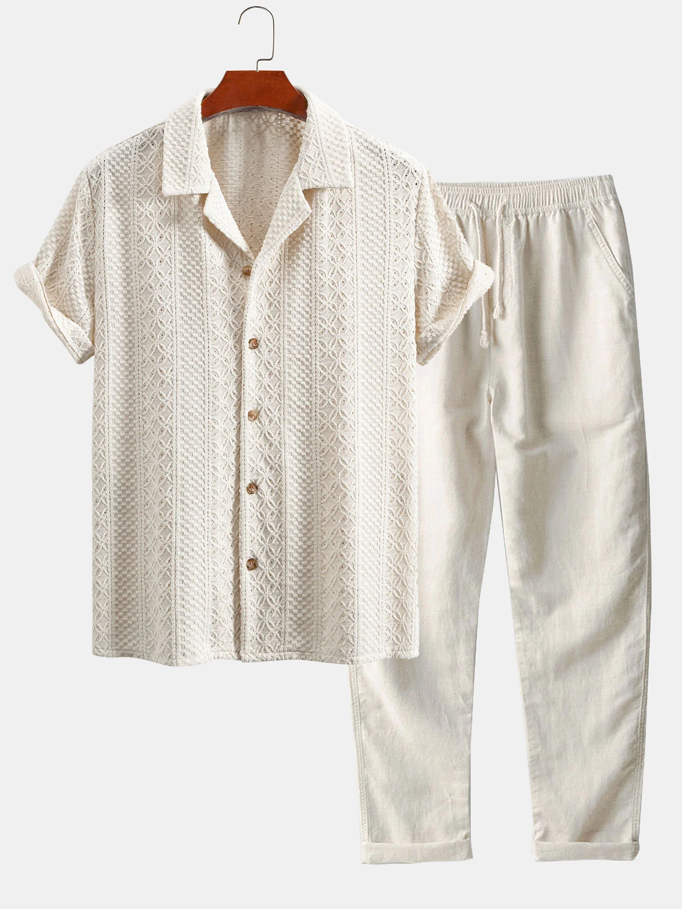 Blumen-Karomuster Jacquard Cuban Shirt & gerade Leinenhose