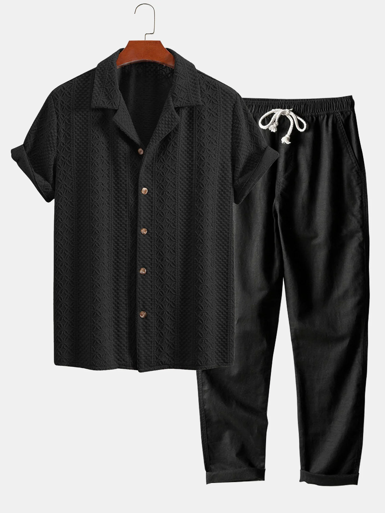 Blumen-Karomuster Jacquard Cuban Shirt & gerade Leinenhose - Image 3