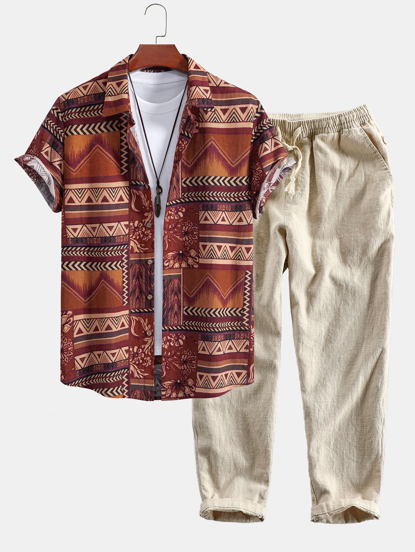 Blumen-Geometrisches Patchwork-Druck Baumwollhemd & Leinen-Baumwoll-Mix Cropped-Hosen - Image 2