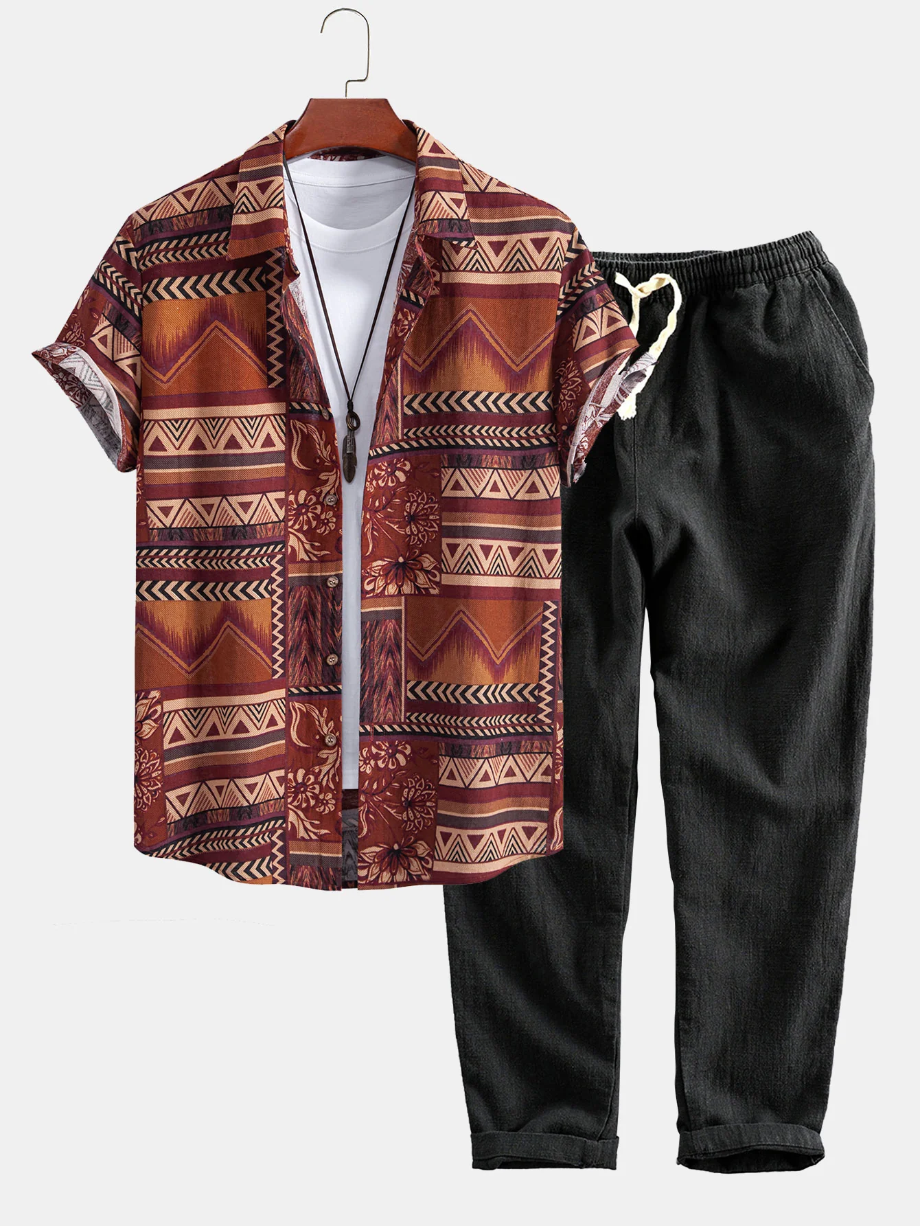 Blumen-Geometrisches Patchwork-Druck Baumwollhemd & Leinen-Baumwoll-Mix Cropped-Hosen - Image 3