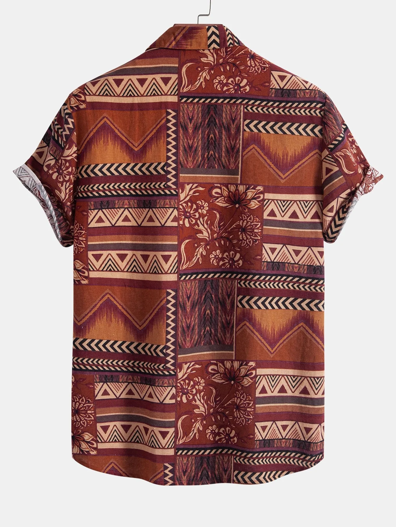 Blumen-Geometrisches Patchwork-Druck Baumwollhemd & Leinen-Baumwoll-Mix Cropped-Hosen - Image 6