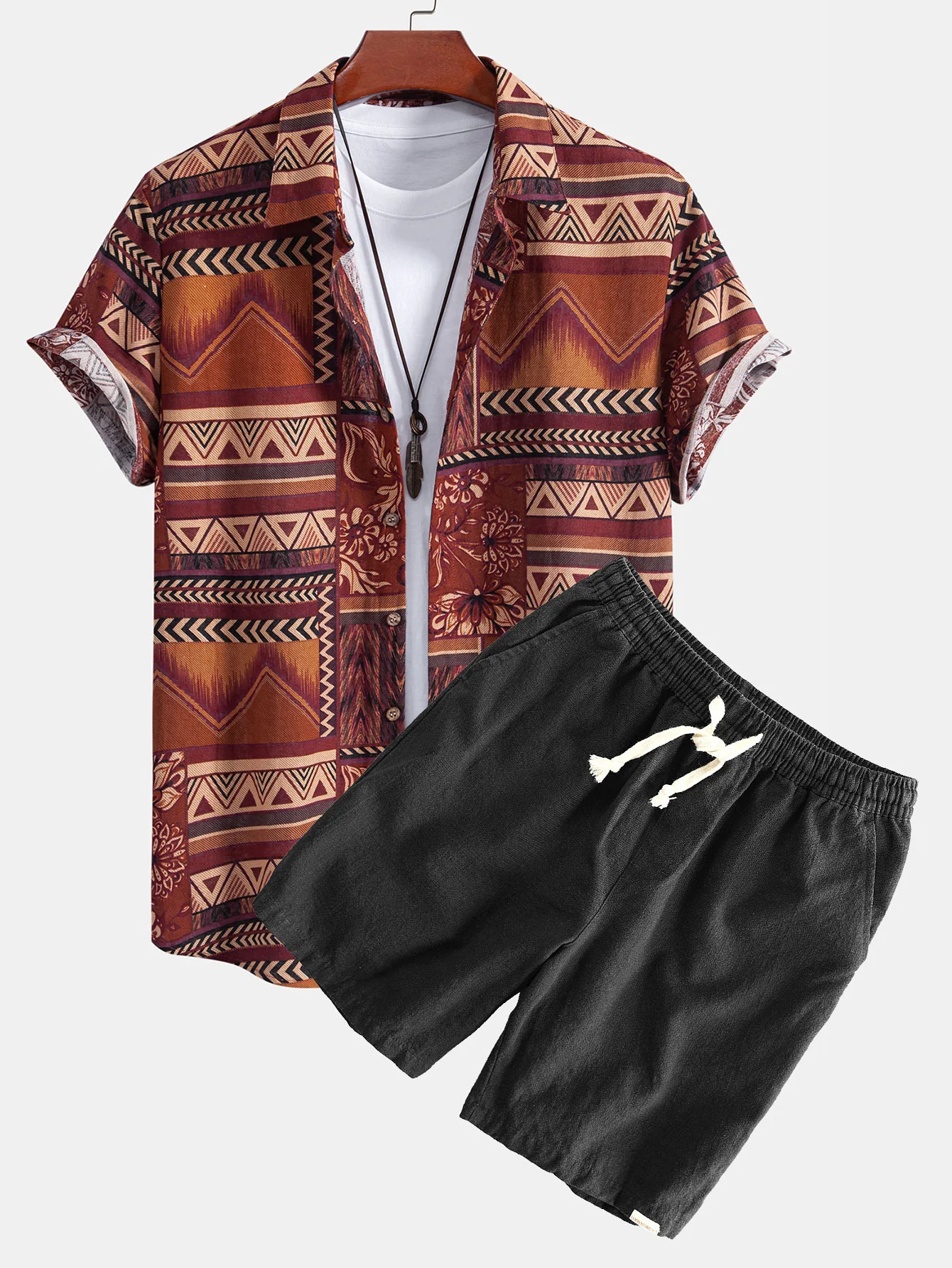 Blumen-Geometrisches Patchwork-Druck Baumwollhemd & Leinen-Baumwoll-Mix Shorts - Image 3