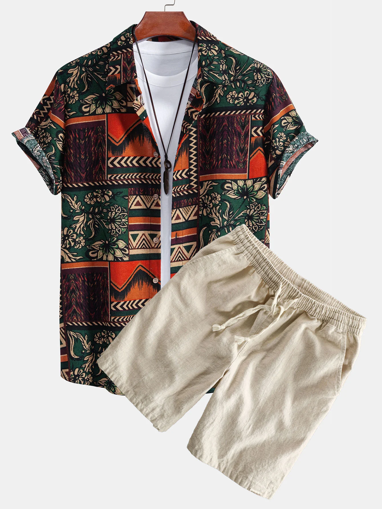 Blumen-Geometrisches Patchwork-Druck Baumwollhemd & Leinen-Baumwoll-Mix Shorts - Image 2