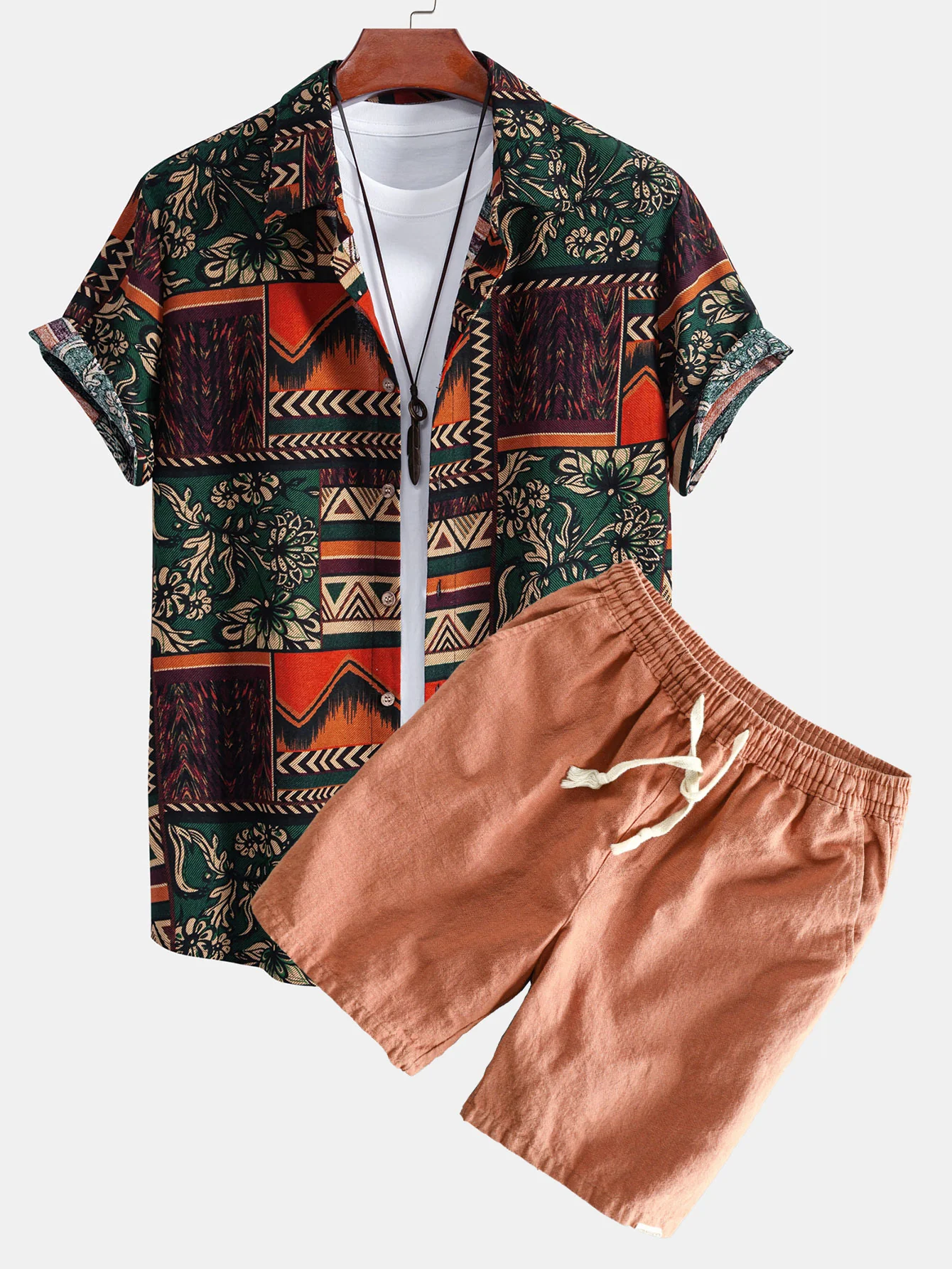 Blumen-Geometrisches Patchwork-Druck Baumwollhemd & Leinen-Baumwoll-Mix Shorts - Image 3