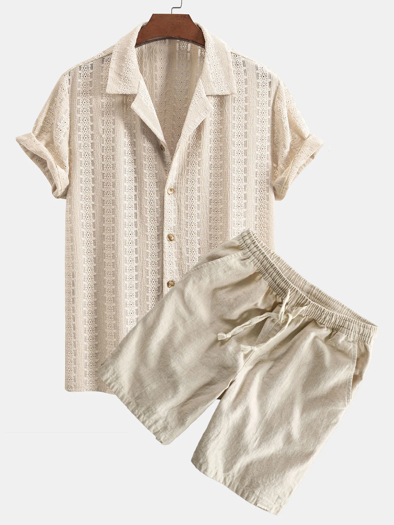 Blumen-Jacquard-texturierte kubanische Hemd & Leinen-Baumwoll-Mischung mit Kordelzug-Shorts - Image 2