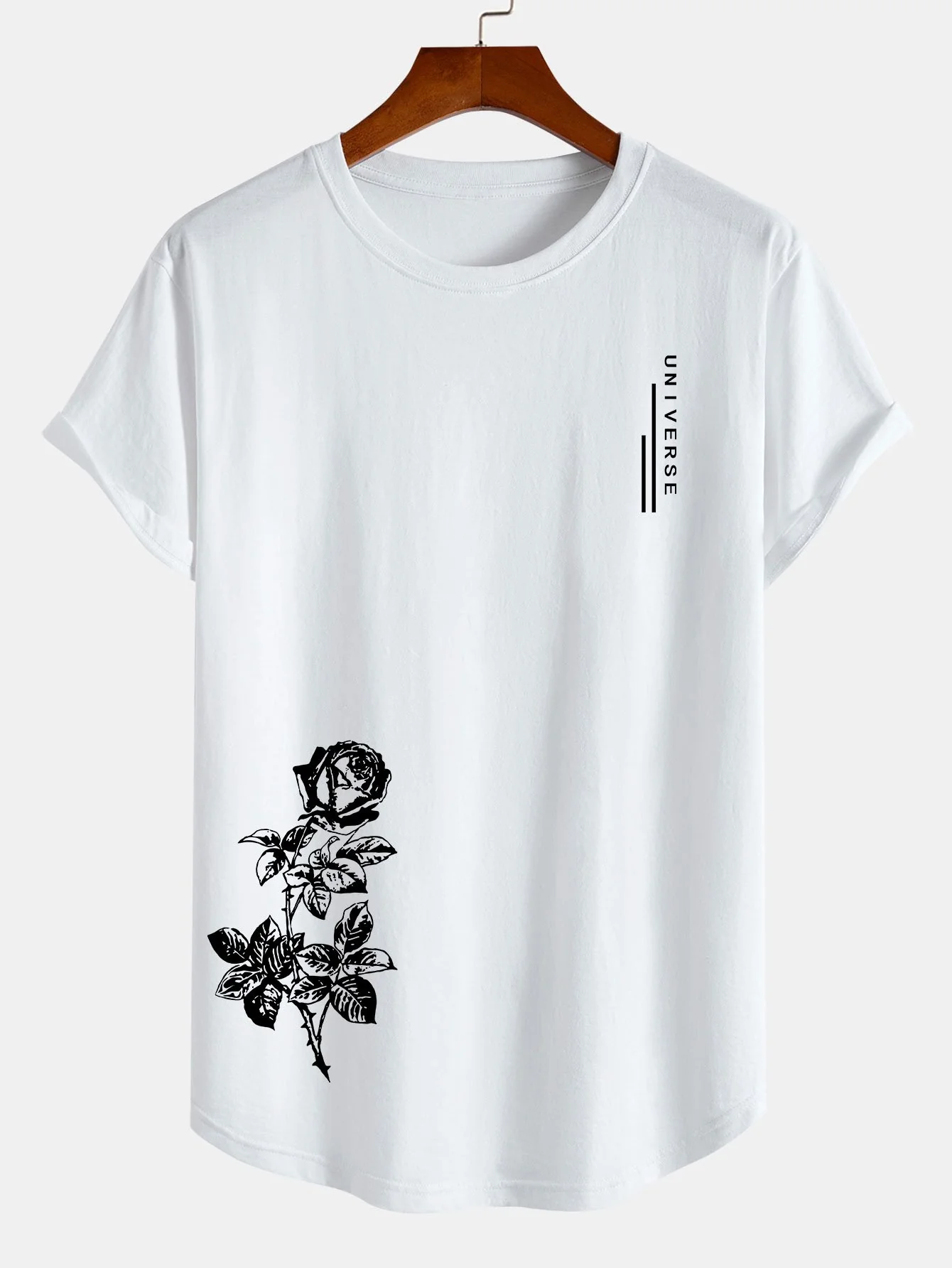 Blumen-Slogan-Druck Baumwoll-T-Shirt mit abgerundetem Saum - Image 3