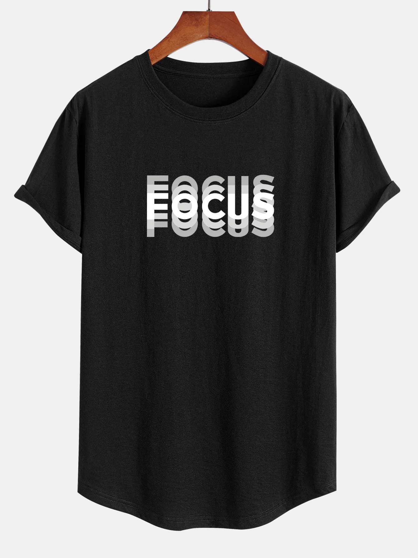 Focus Slogan Druck Baumwolle Bogen Saum T-Shirt