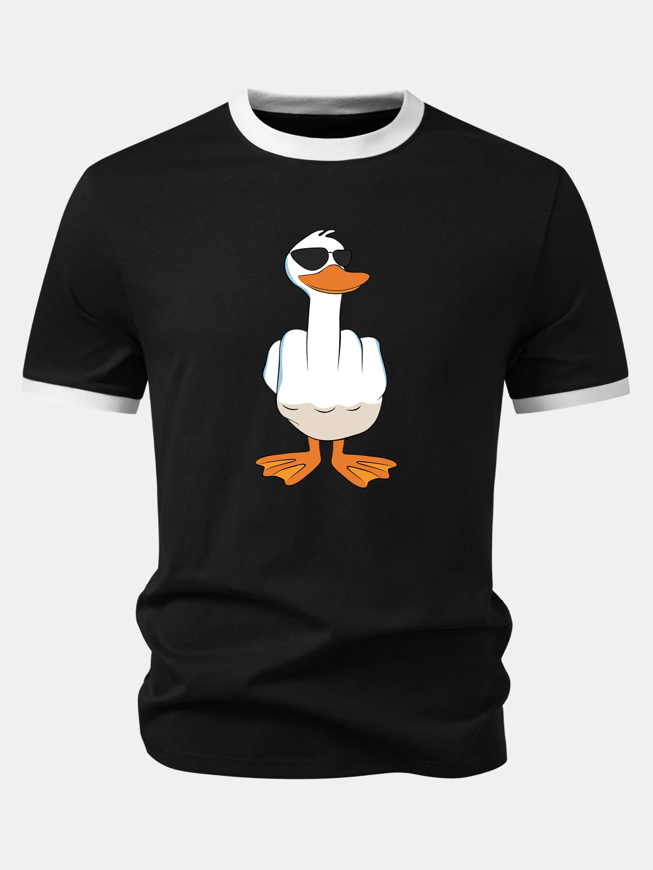 Funny Middle Finger Duck Print Contrast Ringer T-Shirt - Image 2