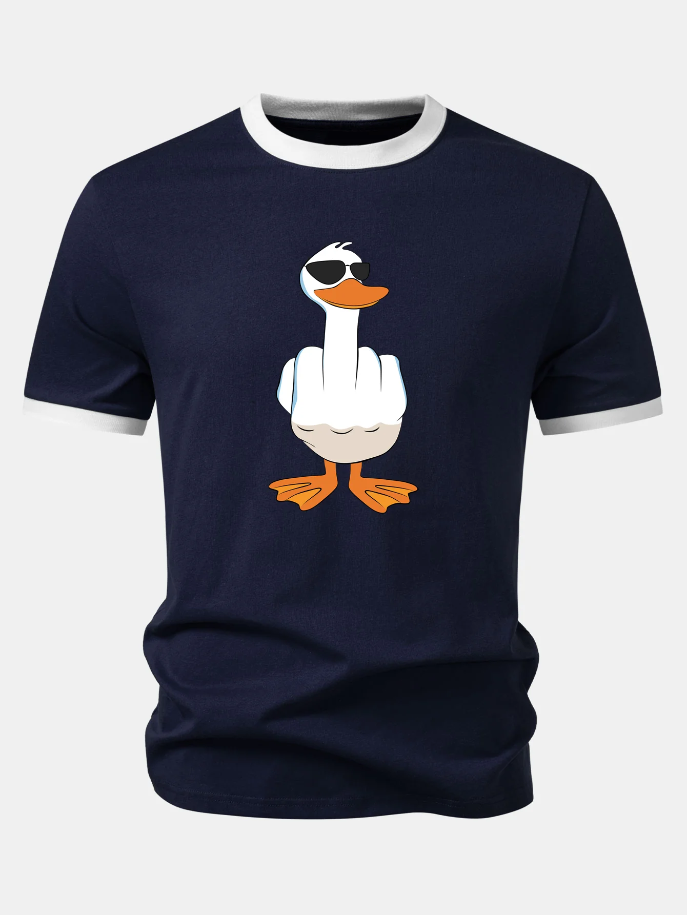 Funny Middle Finger Duck Print Contrast Ringer T-Shirt - Image 3