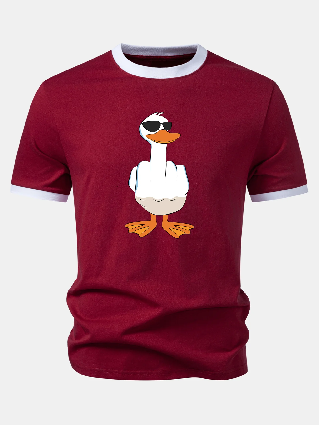 Funny Middle Finger Duck Print Contrast Ringer T-Shirt - Image 7