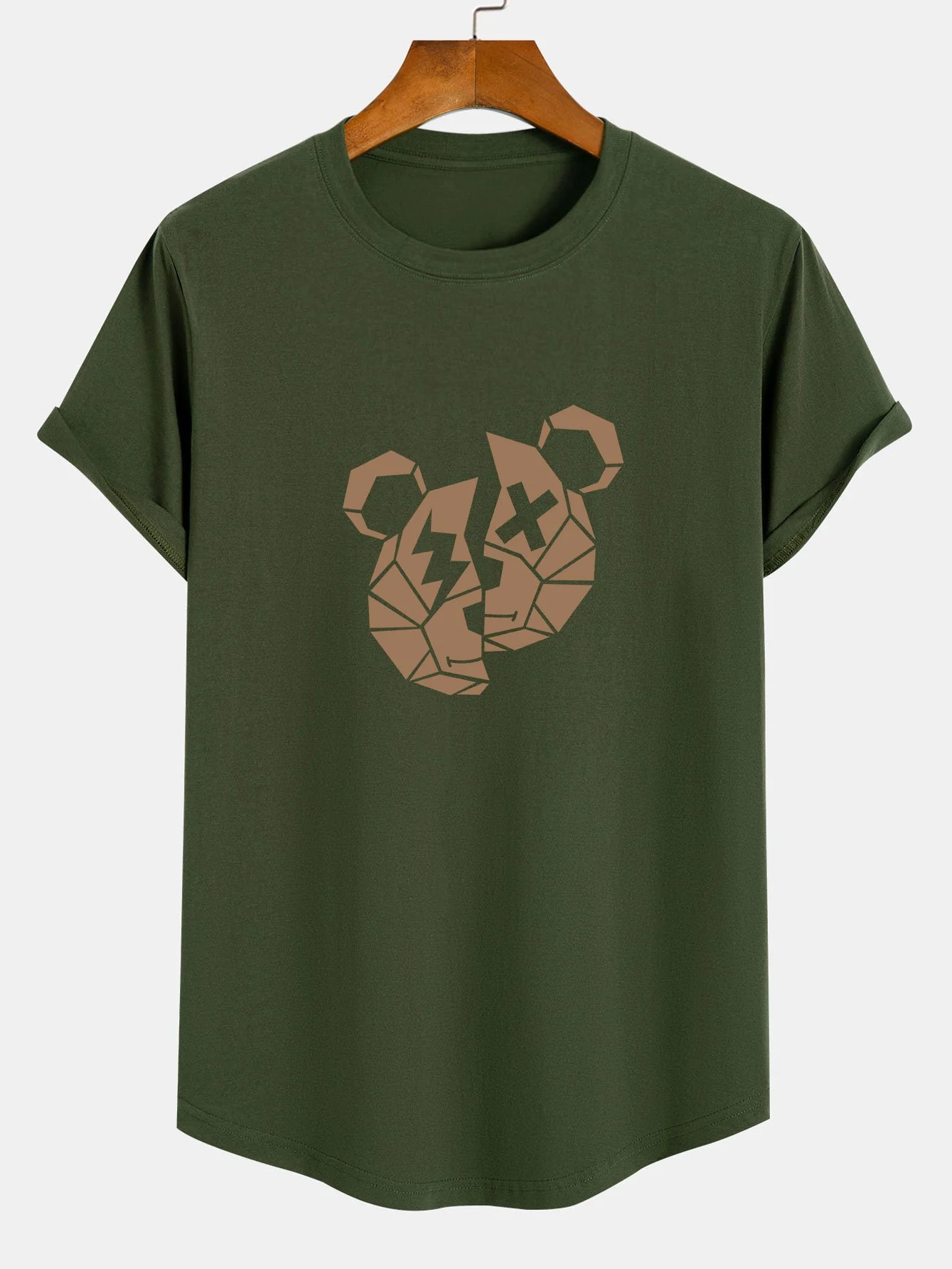 Geometrischer Bärenprint Baumwoll-T-Shirt mit abgerundetem Saum - Image 4