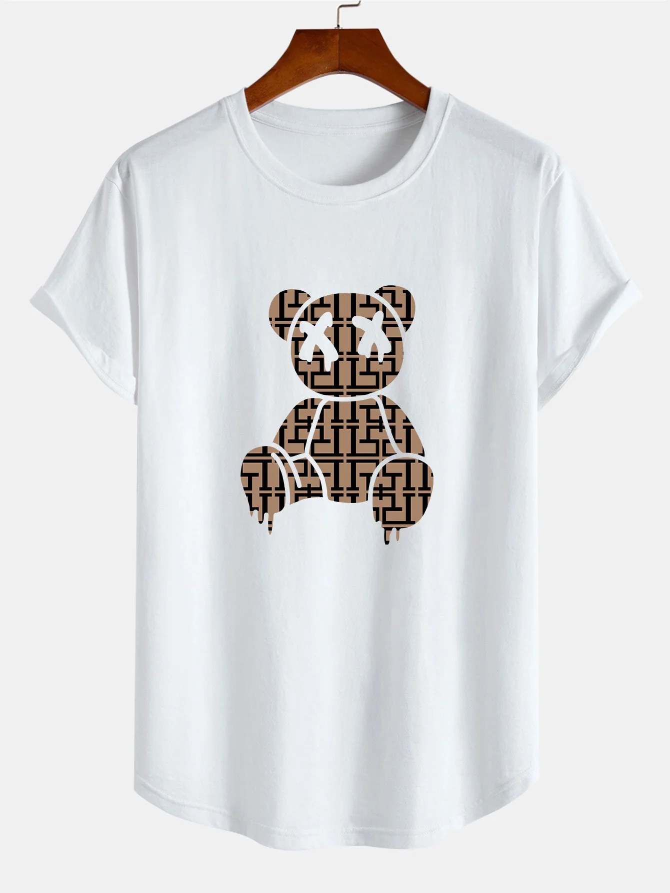 Geometrisches Auflösungs-Bärenmuster Baumwoll-T-Shirt mit Bogen-Saum - Image 2