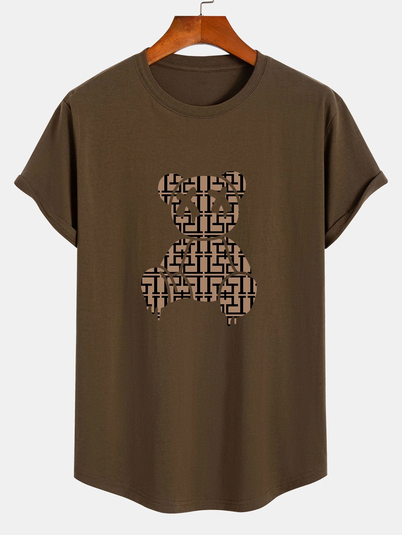 Geometrisches Auflösungs-Bärenmuster Baumwoll-T-Shirt mit Bogen-Saum - Image 3