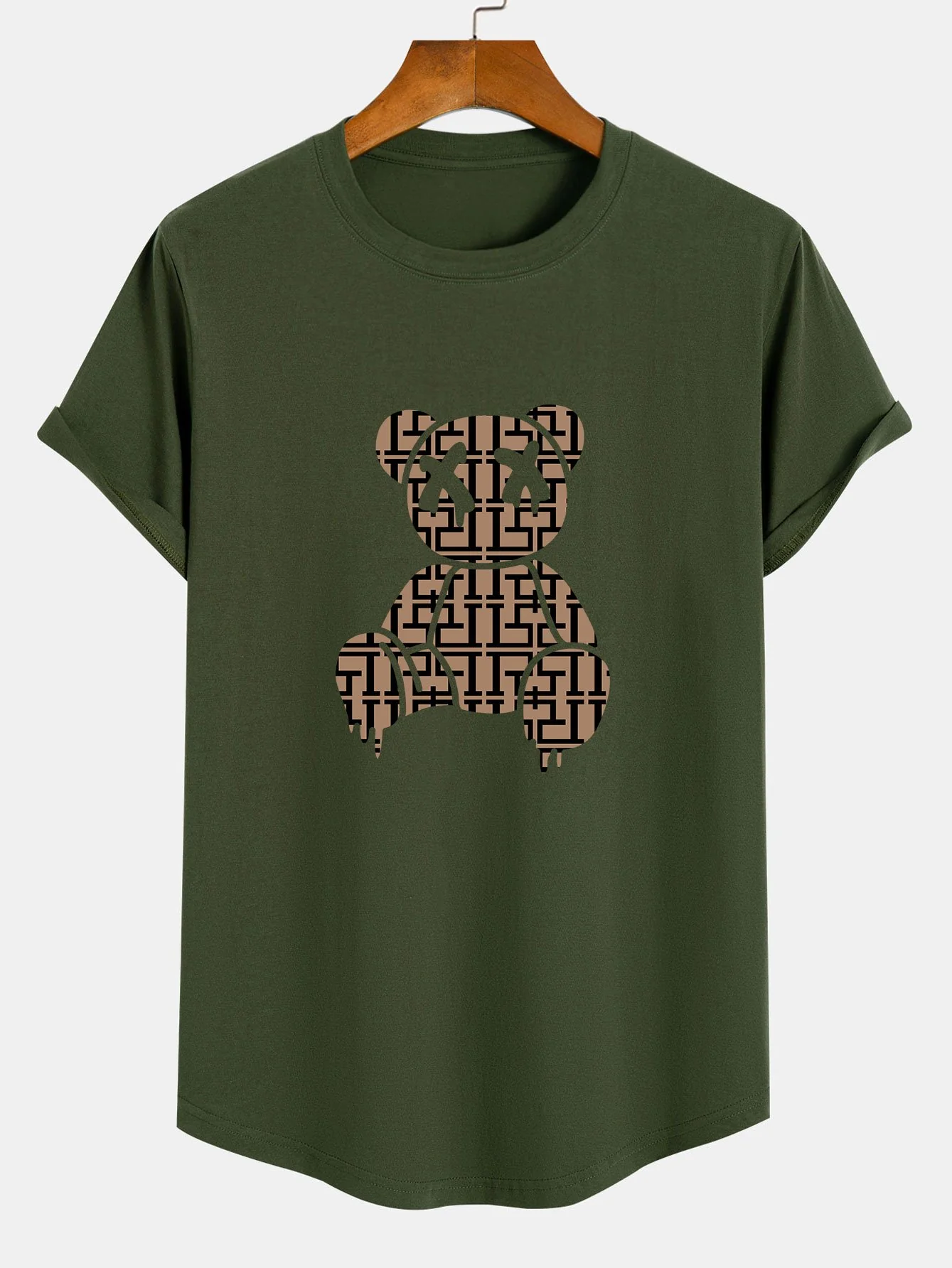 Geometrisches Auflösungs-Bärenmuster Baumwoll-T-Shirt mit Bogen-Saum - Image 4