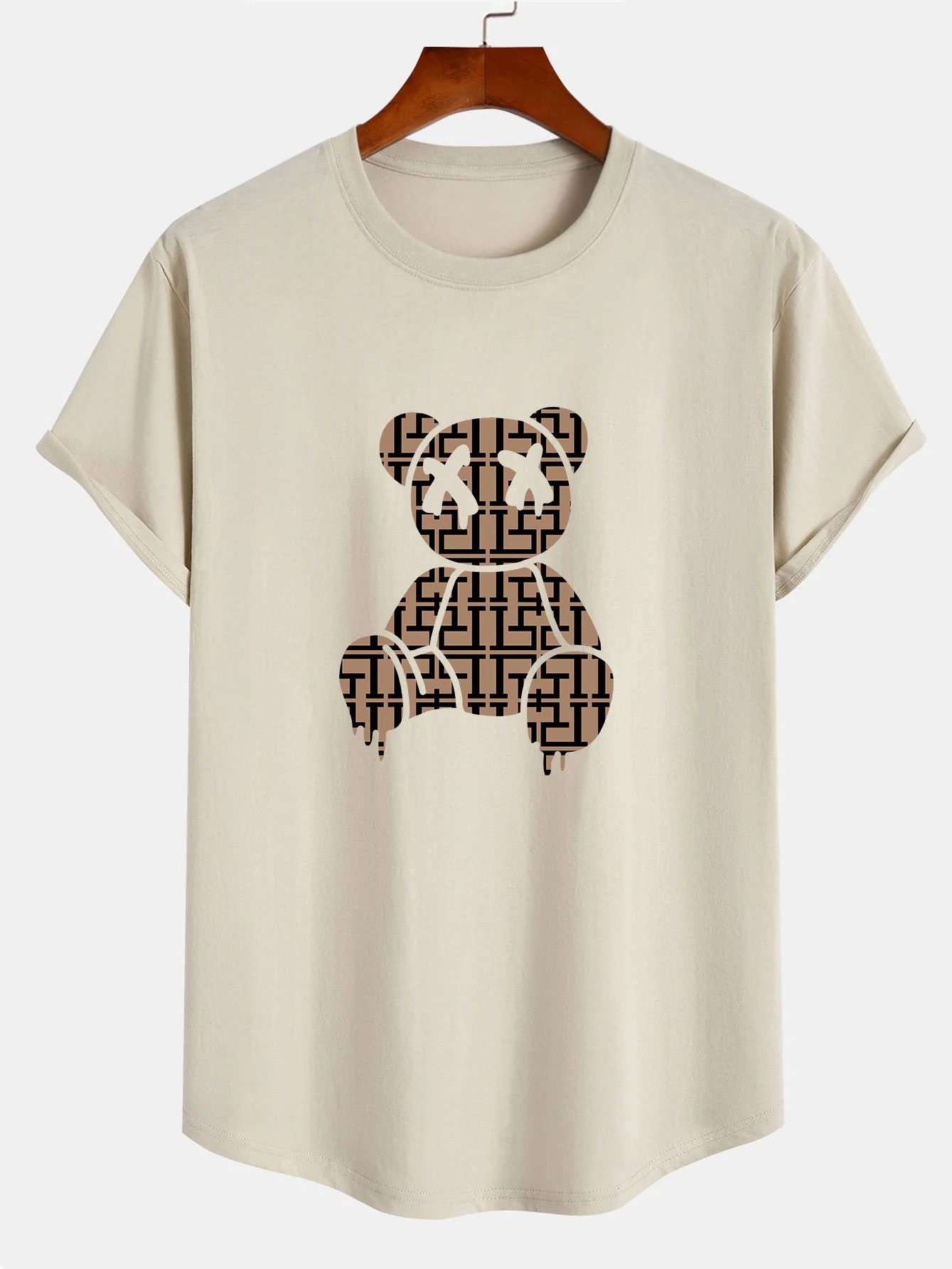 Geometrisches Auflösungs-Bärenmuster Baumwoll-T-Shirt mit Bogen-Saum - Image 5
