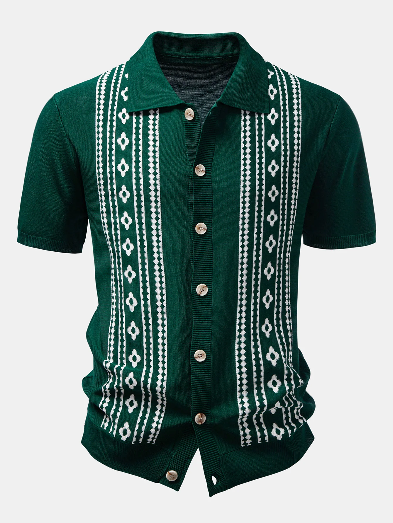 Geometric Floral Jacquard Button Up Knit Shirt