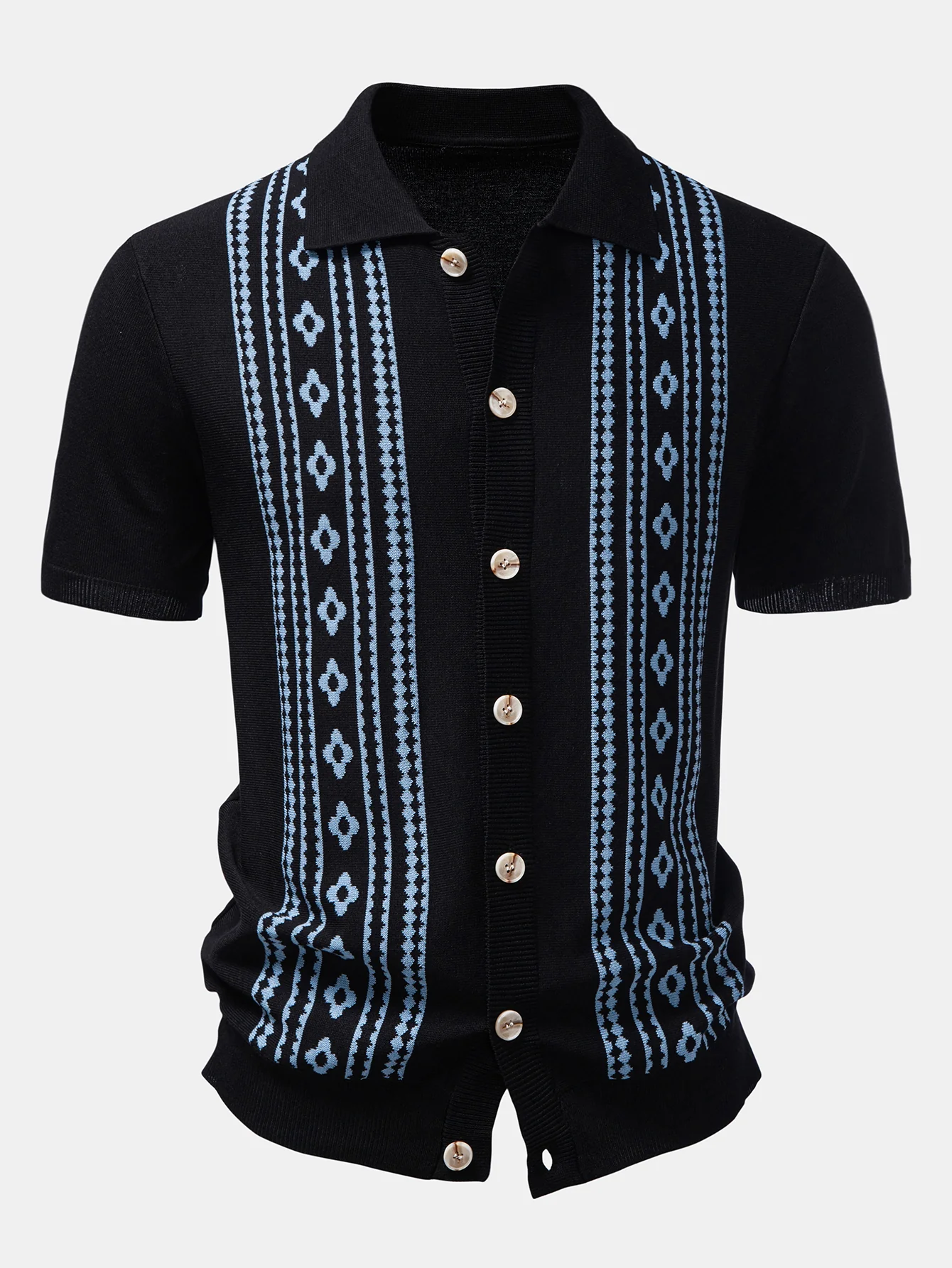 Geometric Floral Jacquard Button Up Knit Shirt - Image 3
