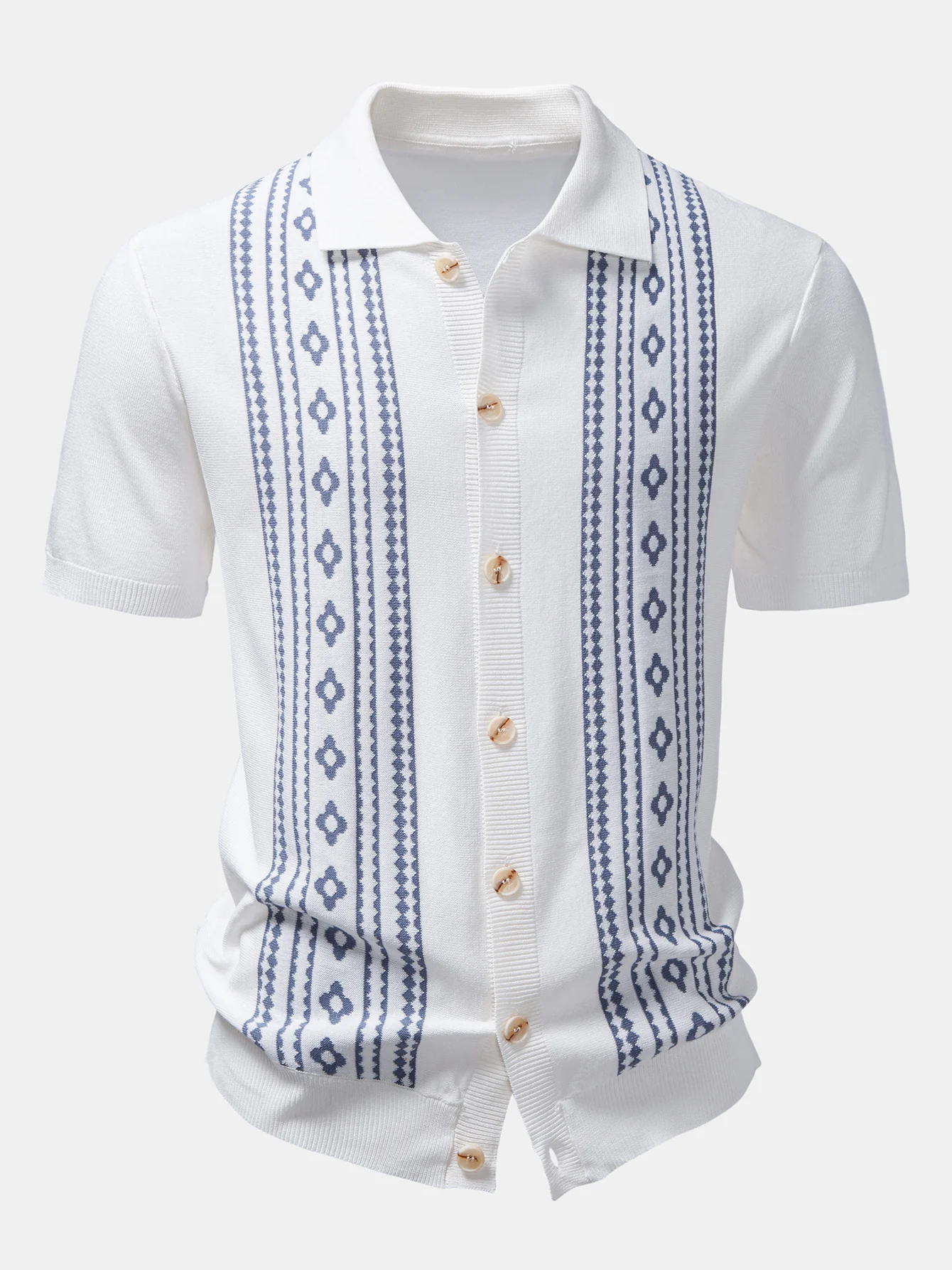 Geometric Floral Jacquard Button Up Knit Shirt - Image 5