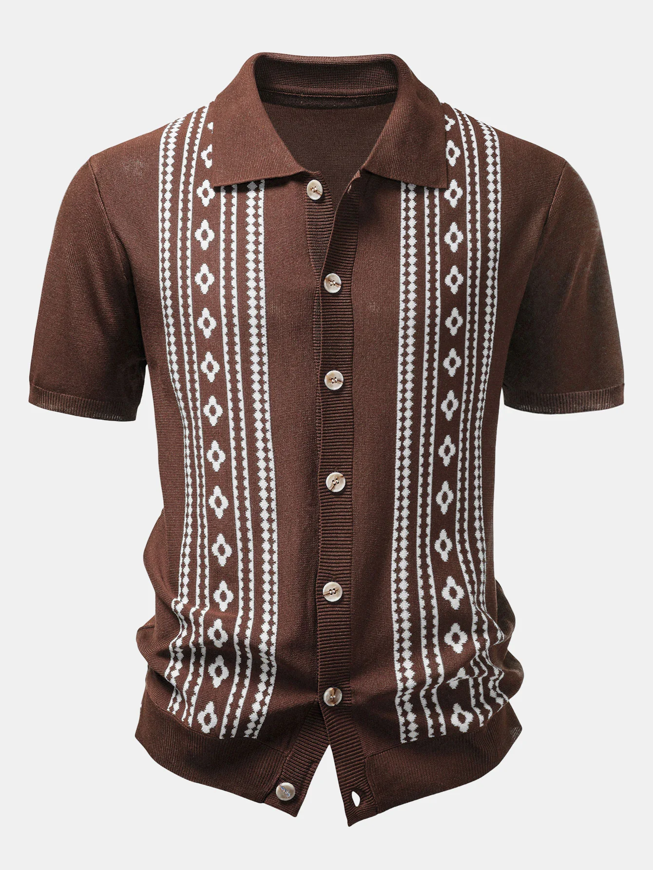 Geometric Floral Jacquard Button Up Knit Shirt - Image 7