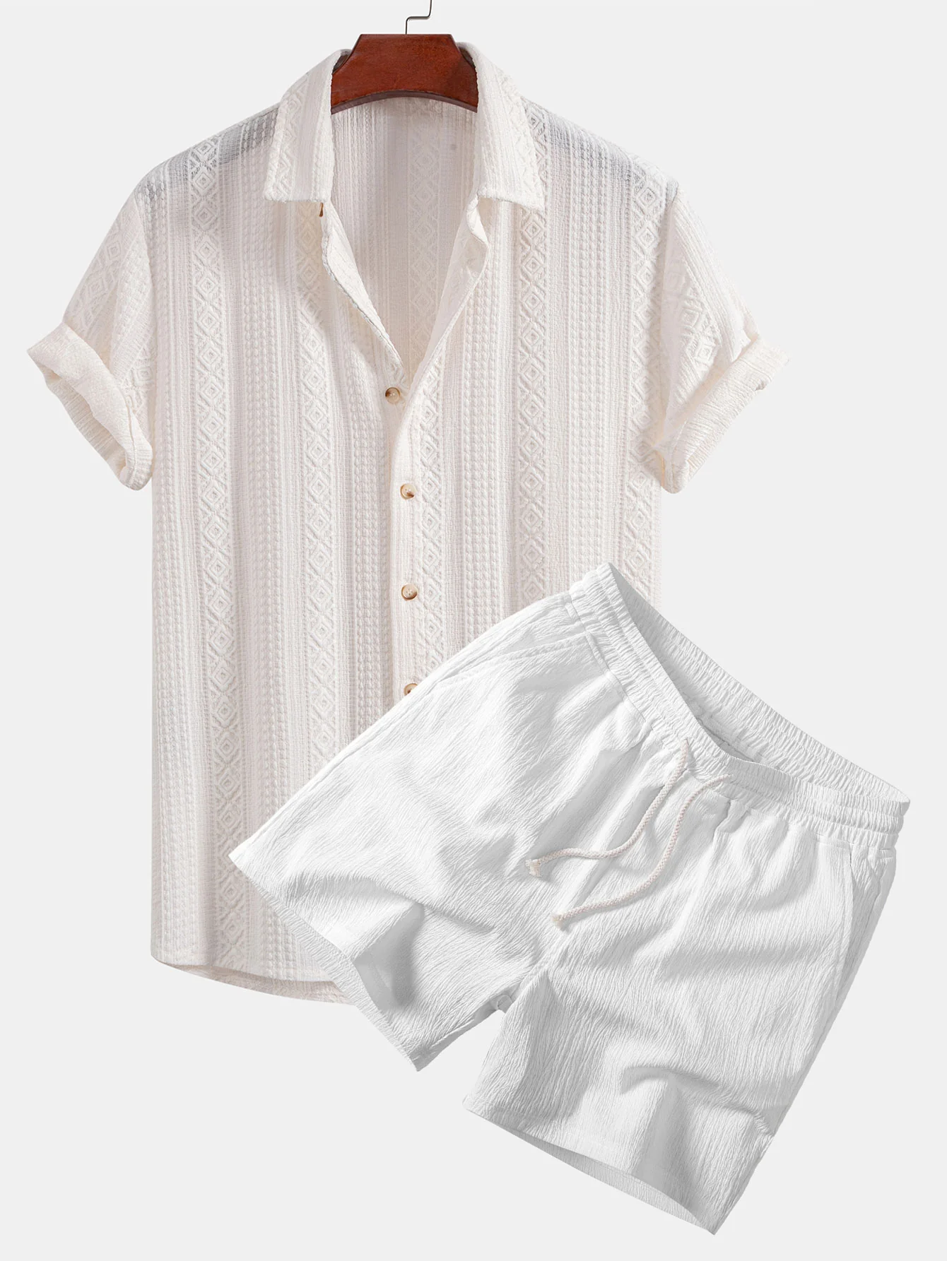 Geometric Jacquard Button Up Shirt & Crinkle Textured Drawstring 5" Shorts - Image 2
