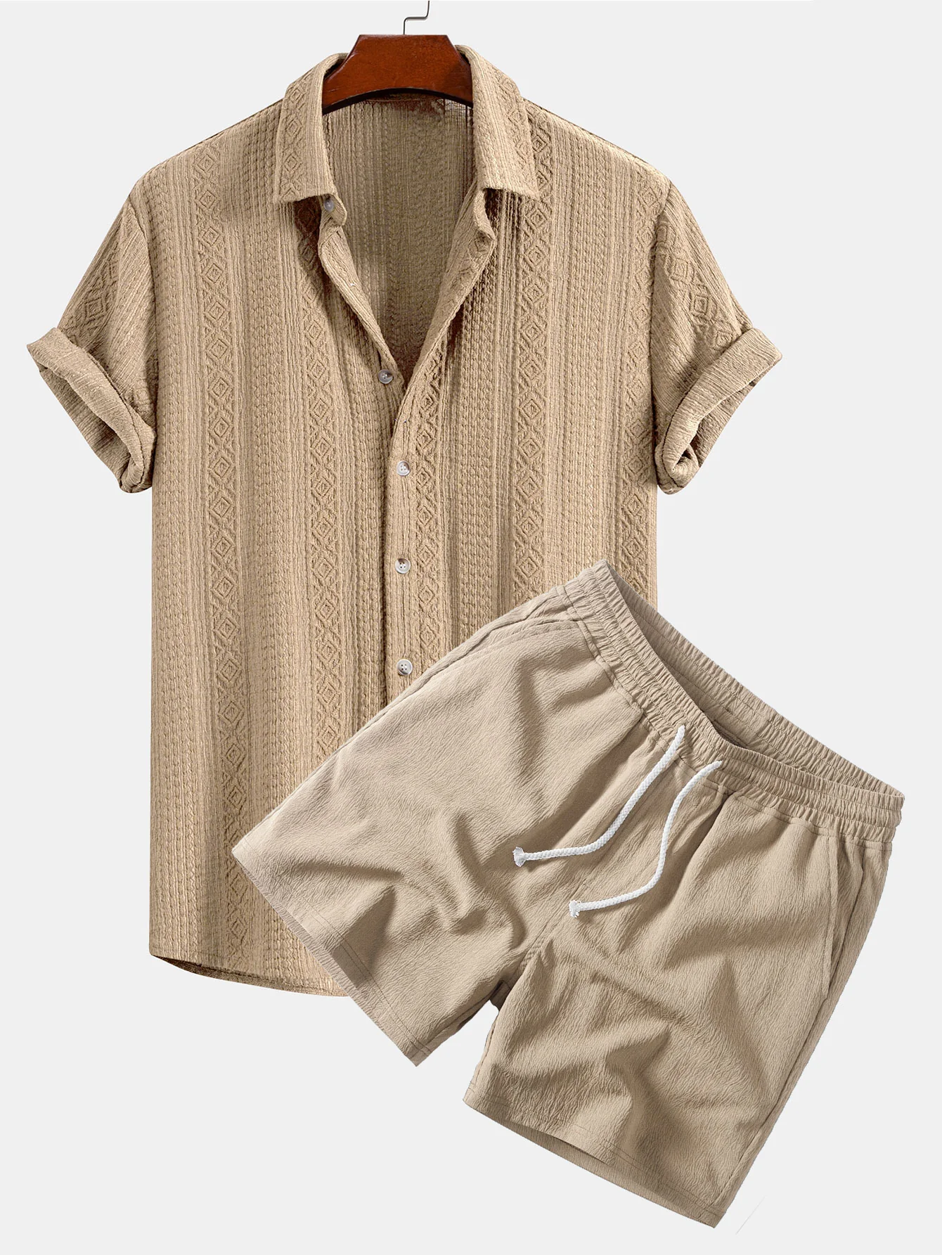 Geometric Jacquard Button Up Shirt & Crinkle Textured Drawstring 5" Shorts - Image 3