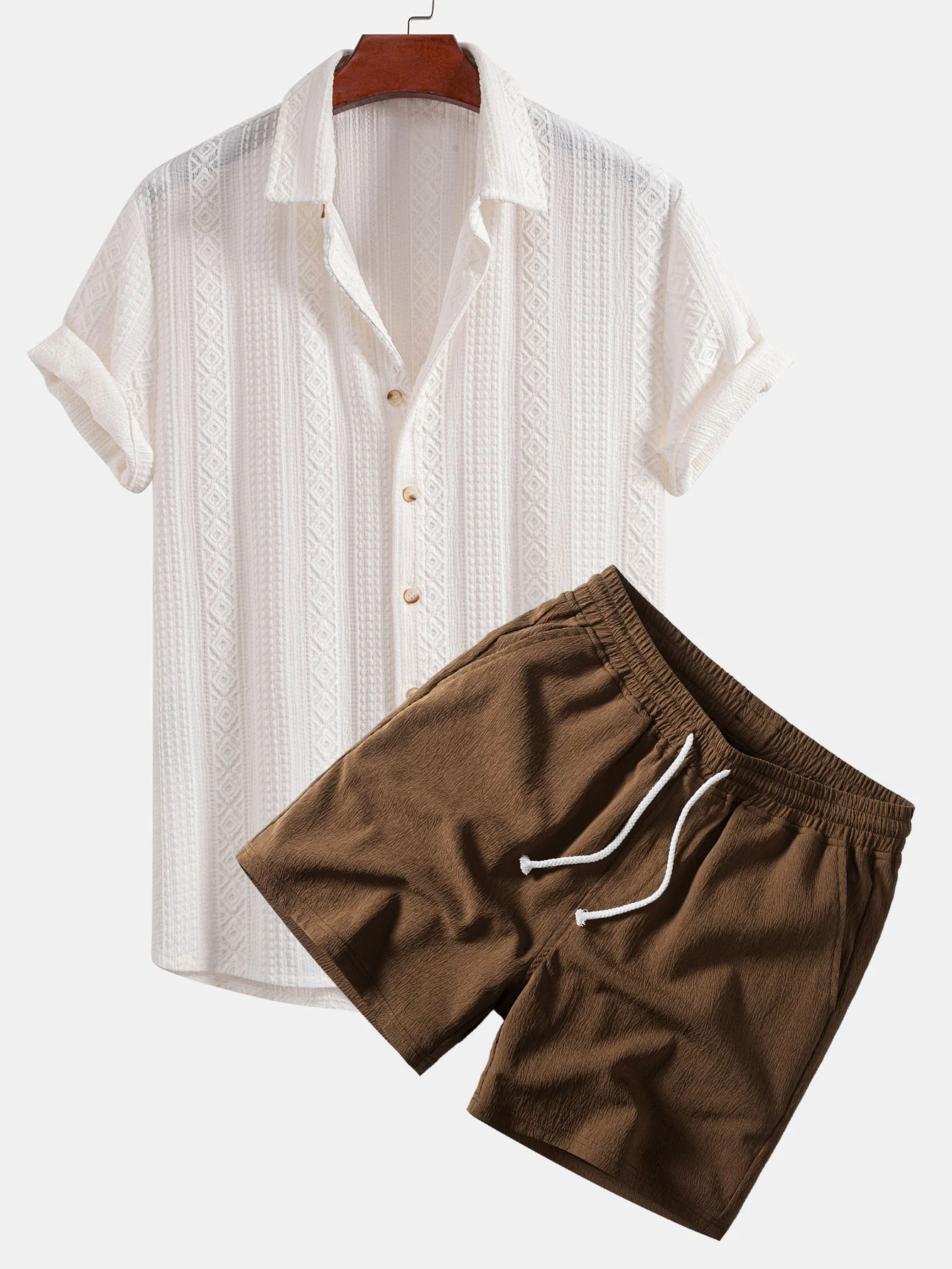 Geometric Jacquard Button Up Shirt & Crinkle Textured Drawstring 5" Shorts - Image 4