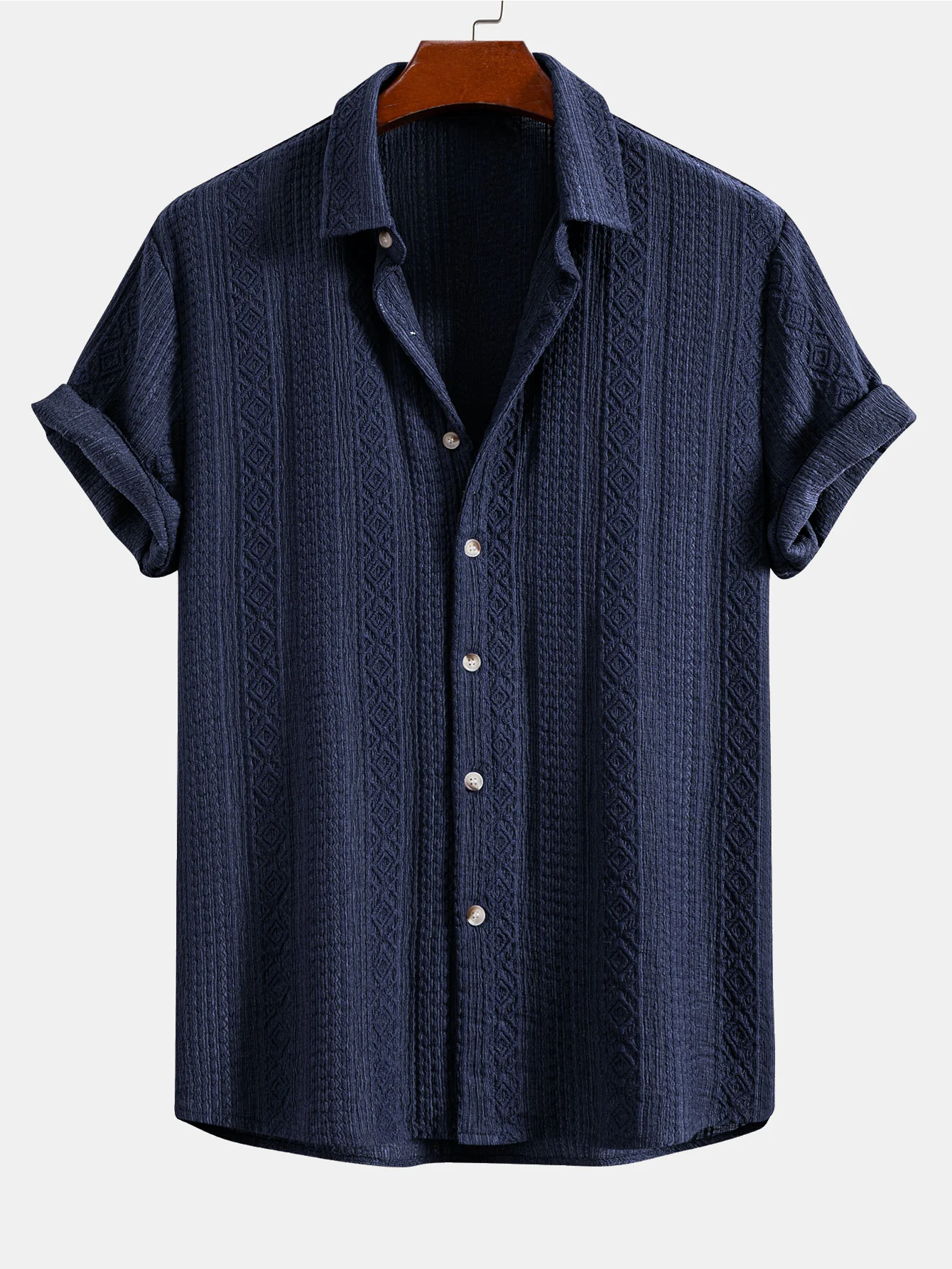 Geometric Jacquard Button Up Shirt & Crinkle Textured Drawstring 5" Shorts - Image 5