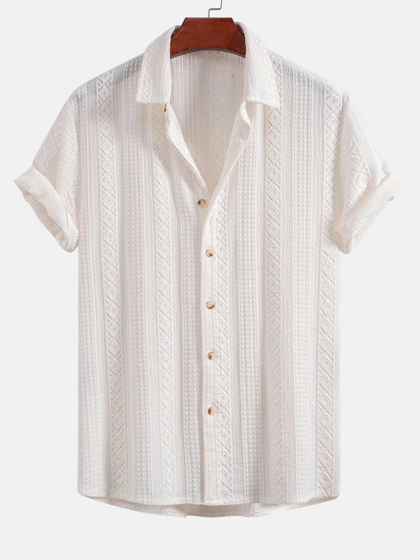 Geometric Jacquard Button Up Shirt & Crinkle Textured Drawstring 5" Shorts - Image 7