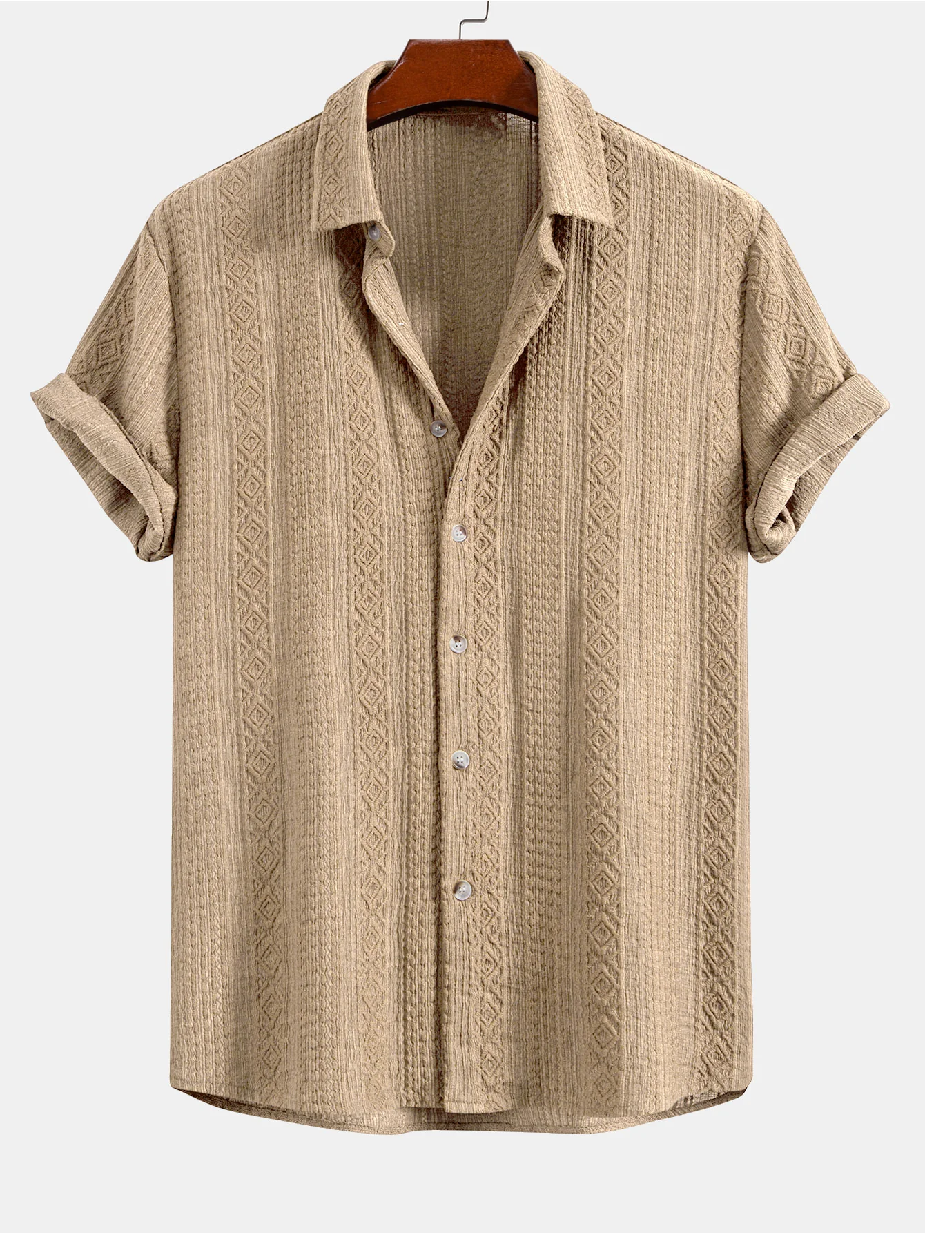 Geometric Jacquard Button Up Shirt & Crinkle Textured Drawstring 5" Shorts - Image 9