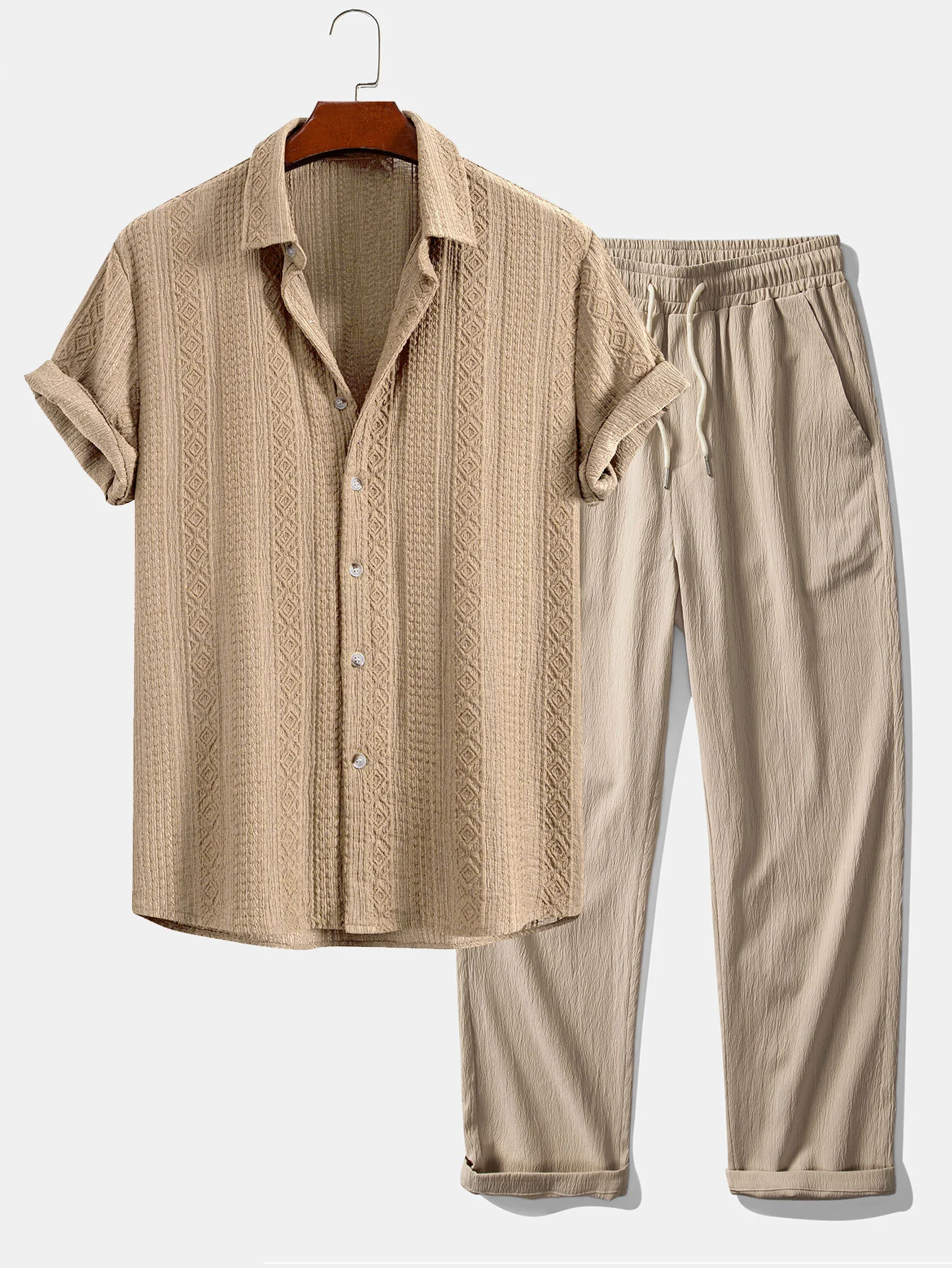 Geometric Jacquard Button Up Shirt & Crinkle Textured Straight Leg Pants - Image 2