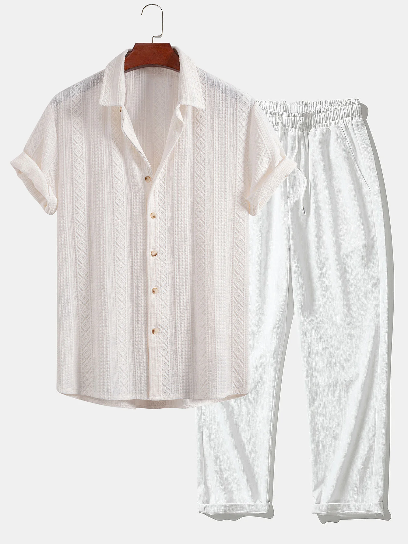 Geometric Jacquard Button Up Shirt & Crinkle Textured Straight Leg Pants - Image 3