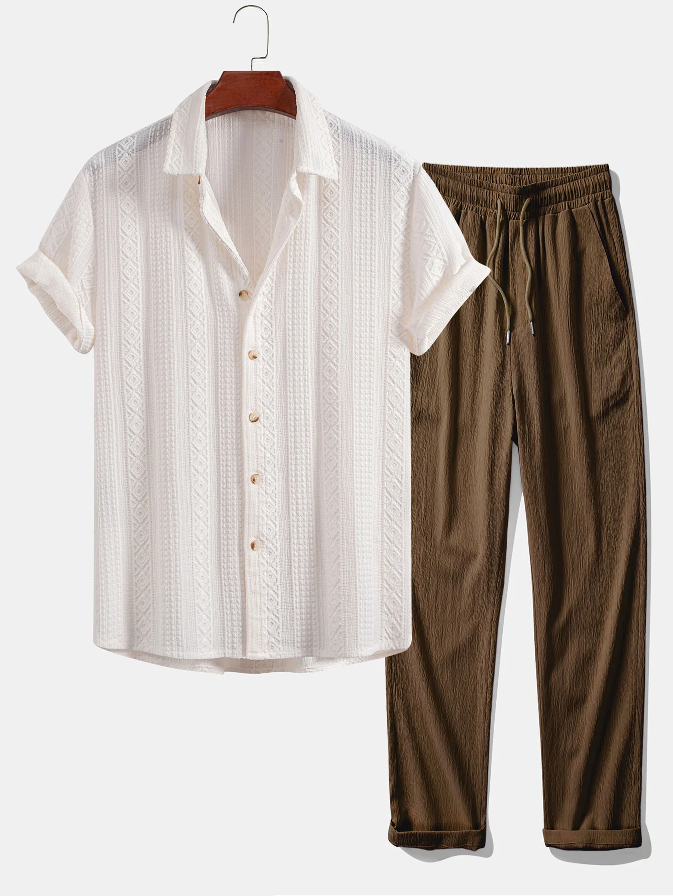 Geometric Jacquard Button Up Shirt & Crinkle Textured Straight Leg Pants - Image 4