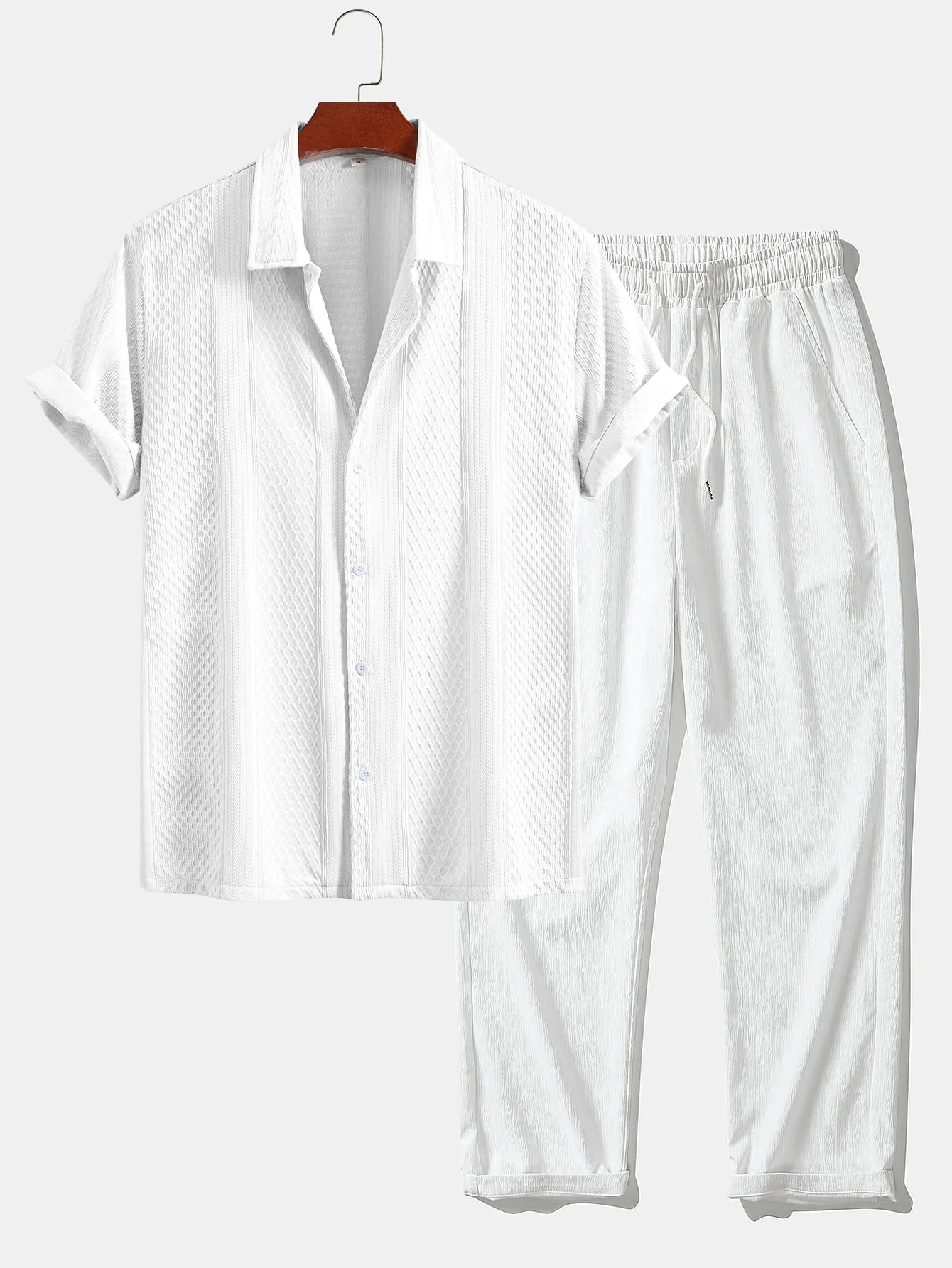 Geometric Jacquard Button Up Shirt & Crinkle Textured Straight Leg Pants