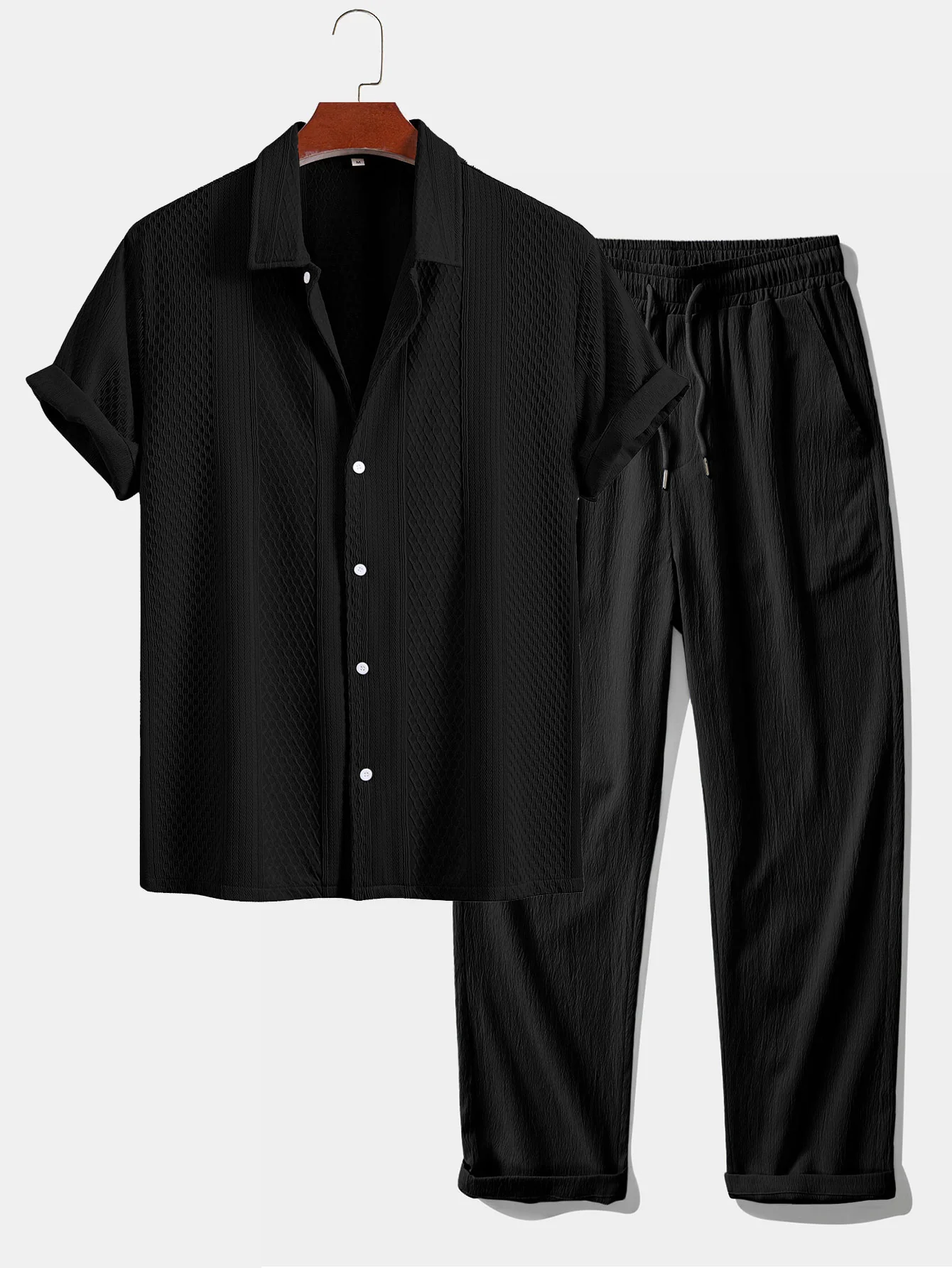 Geometric Jacquard Button Up Shirt & Crinkle Textured Straight Leg Pants - Image 2