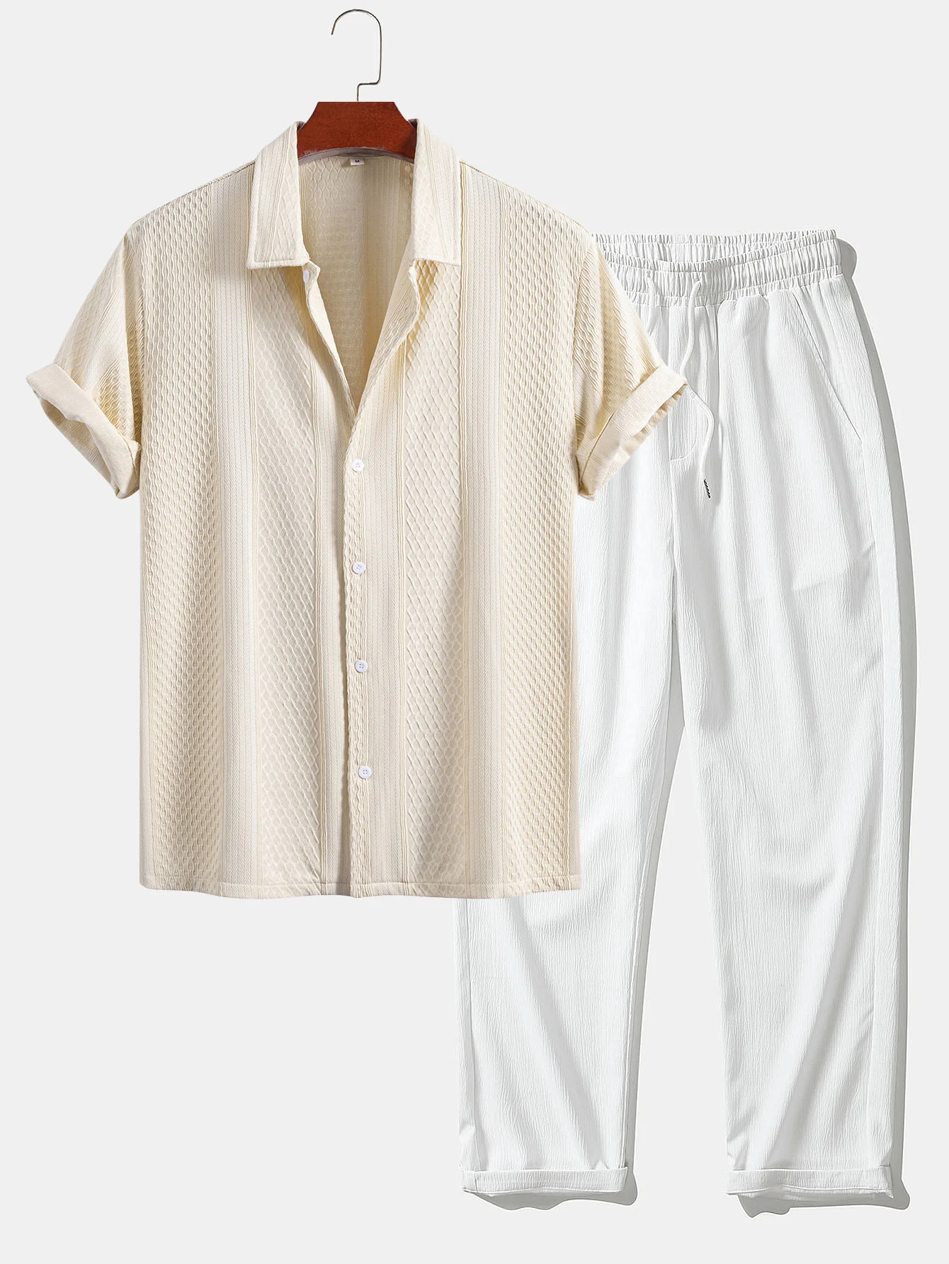 Geometric Jacquard Button Up Shirt & Crinkle Textured Straight Leg Pants - Image 3