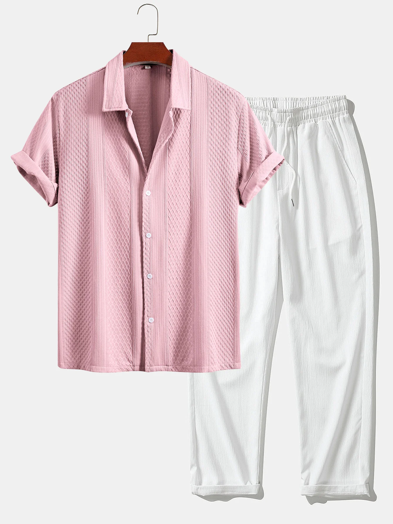 Geometric Jacquard Button Up Shirt & Crinkle Textured Straight Leg Pants - Image 4