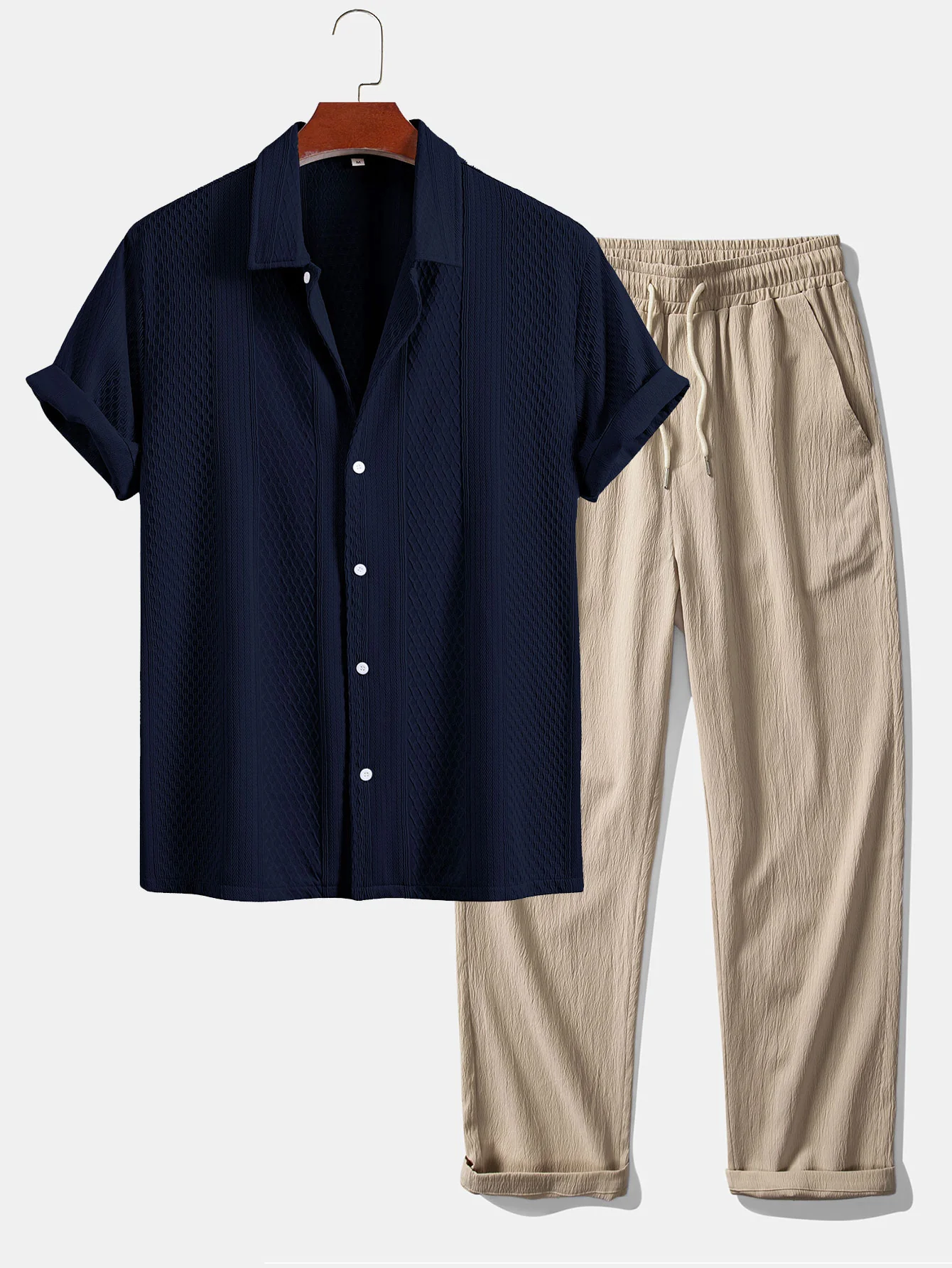 Geometric Jacquard Button Up Shirt & Crinkle Textured Straight Leg Pants - Image 5
