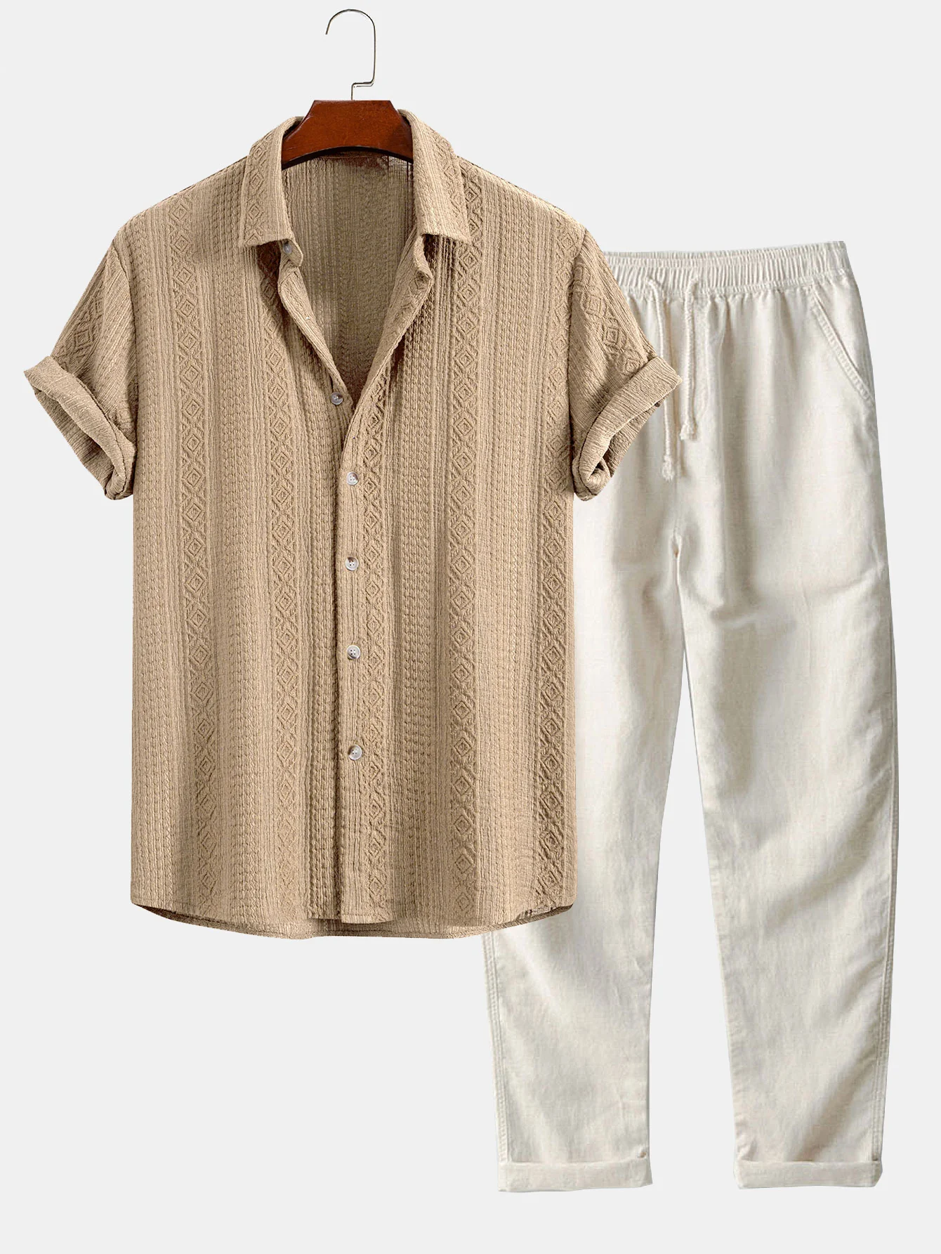 Geometric Jacquard Button Up Shirt & Straight Leg Linen Pants - Image 2