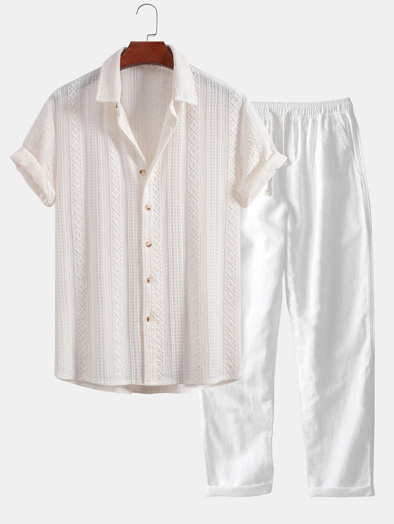 Geometric Jacquard Button Up Shirt & Straight Leg Linen Pants - Image 3