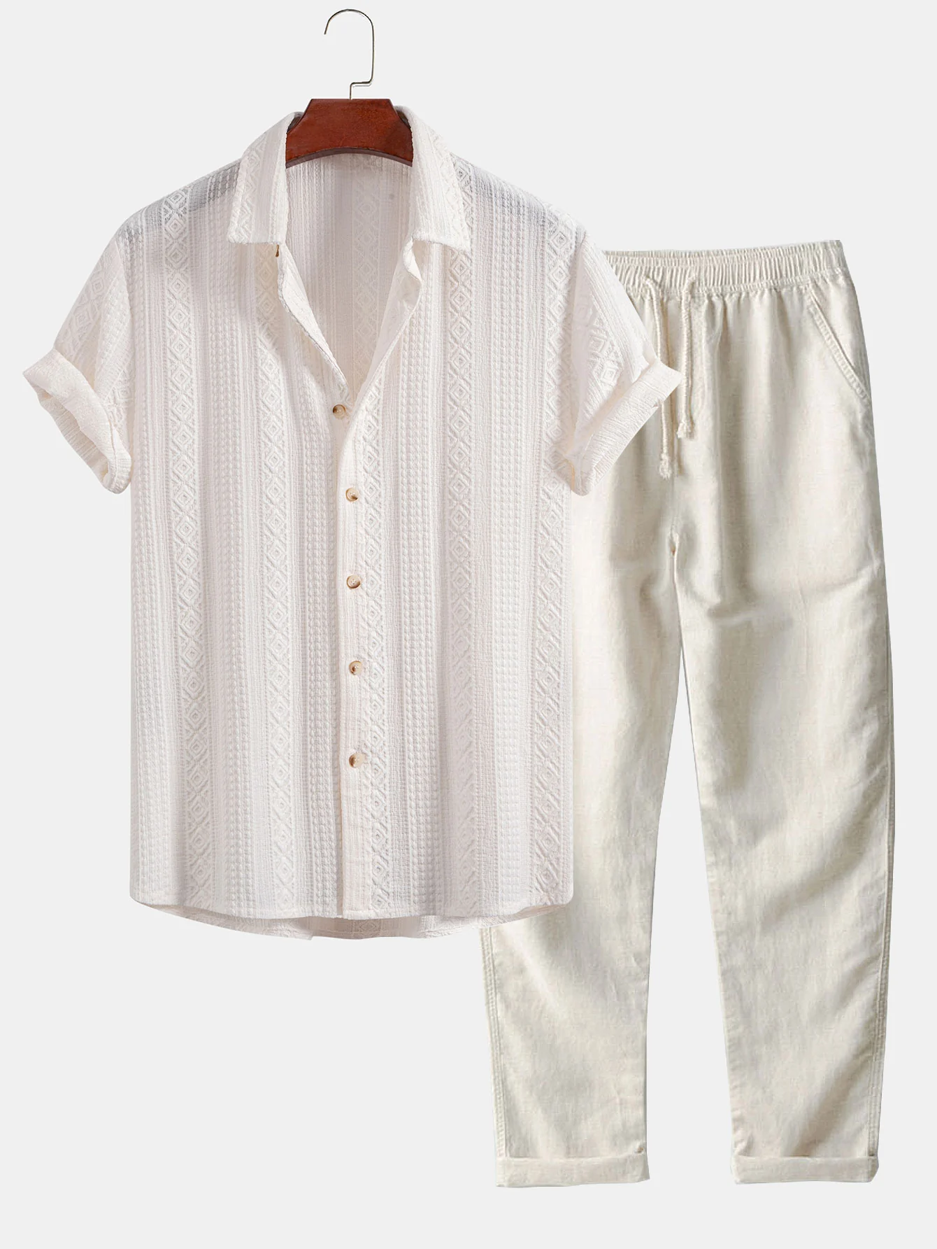 Geometric Jacquard Button Up Shirt & Straight Leg Linen Pants - Image 4