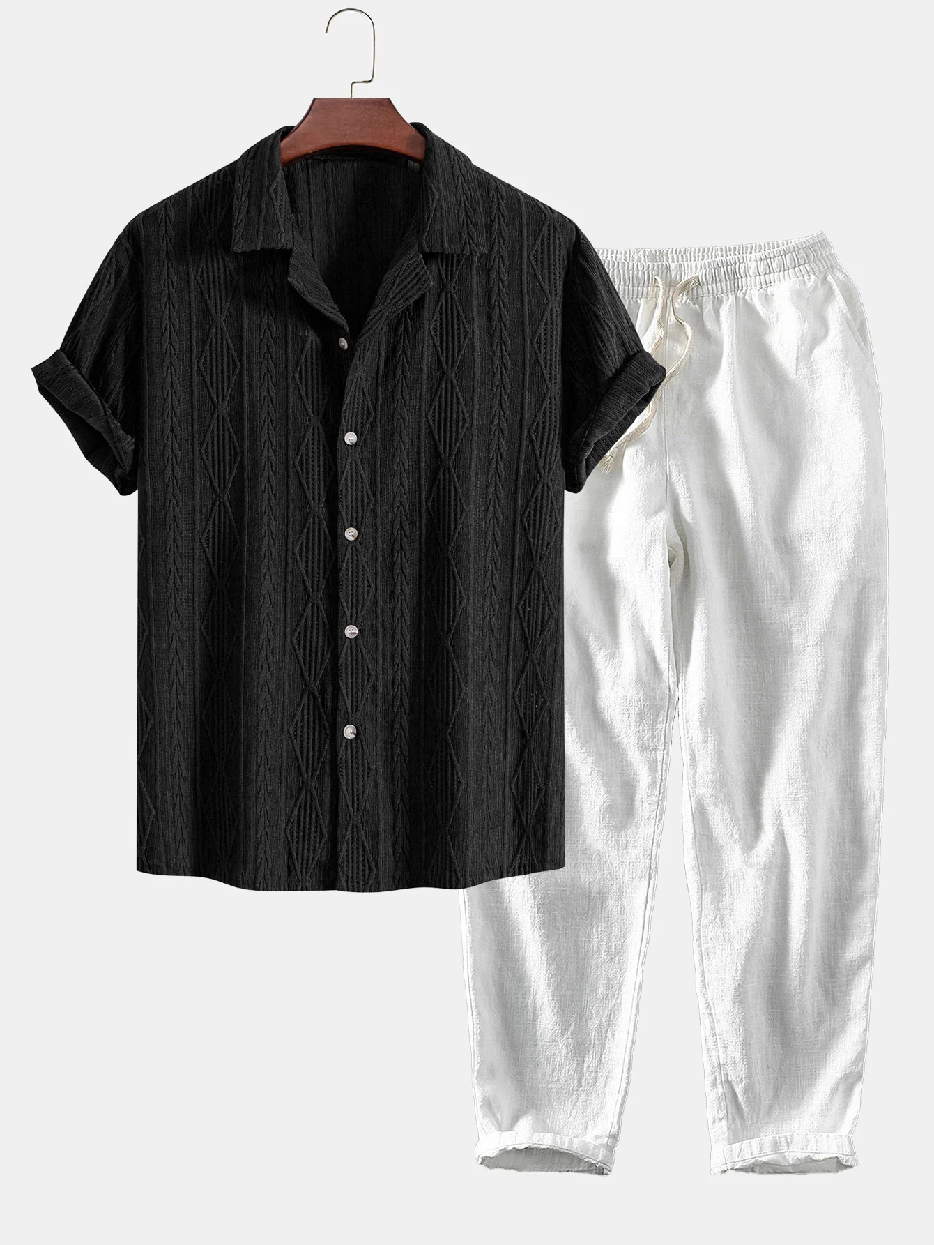 Geometrisches Jacquard-Cuban-Shirt & Leinen-Baumwoll-Mix Cropped-Hosen - Image 3