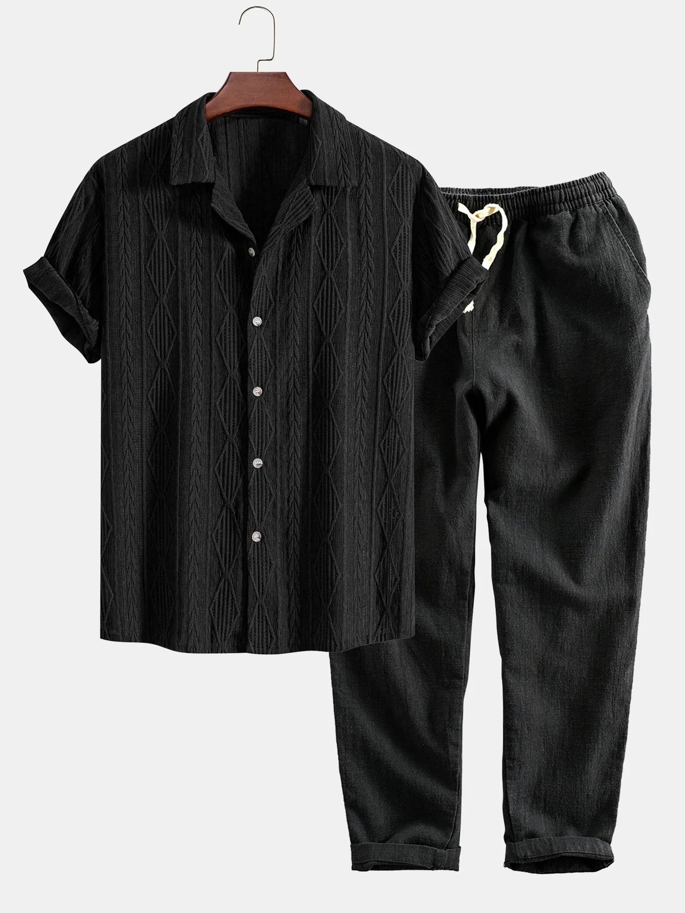 Geometrisches Jacquard-Cuban-Shirt & Leinen-Baumwoll-Mix Cropped-Hosen - Image 5