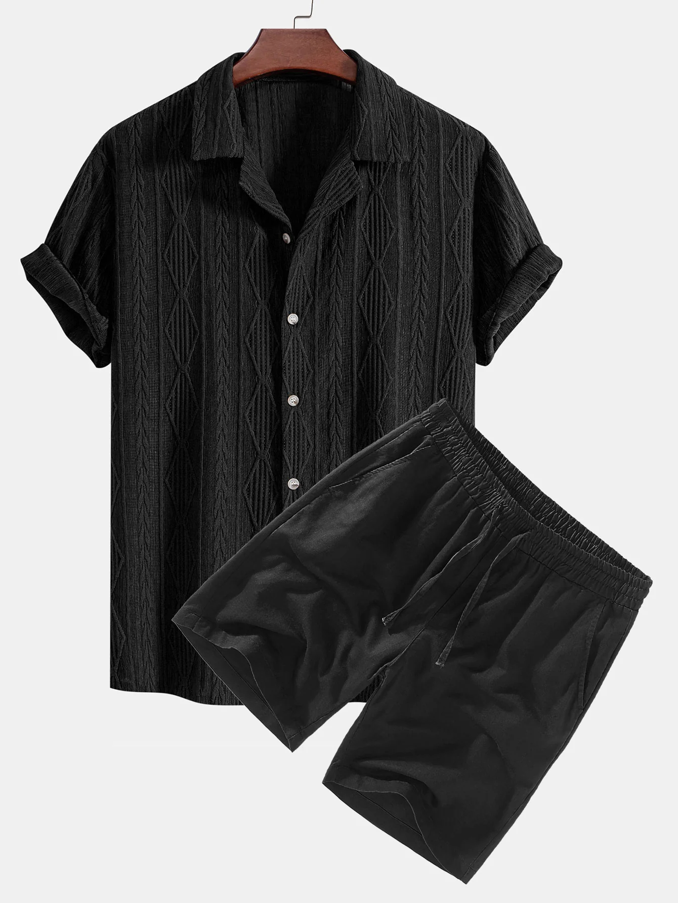 Geometrisches Jacquard-Cuban-Shirt & Leinen-Drawstring-Shorts - Image 3