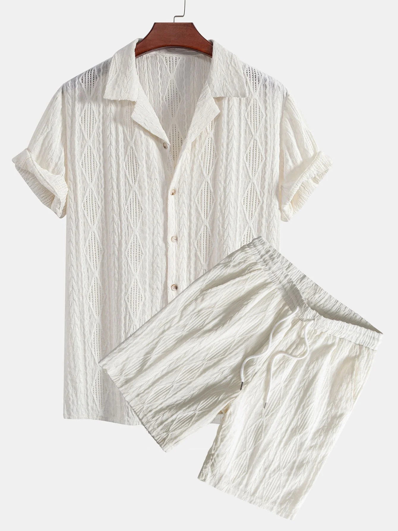 Geometrisches Jacquard-Cuban-Shirt & Texturierte Shorts mit Futter - Image 2