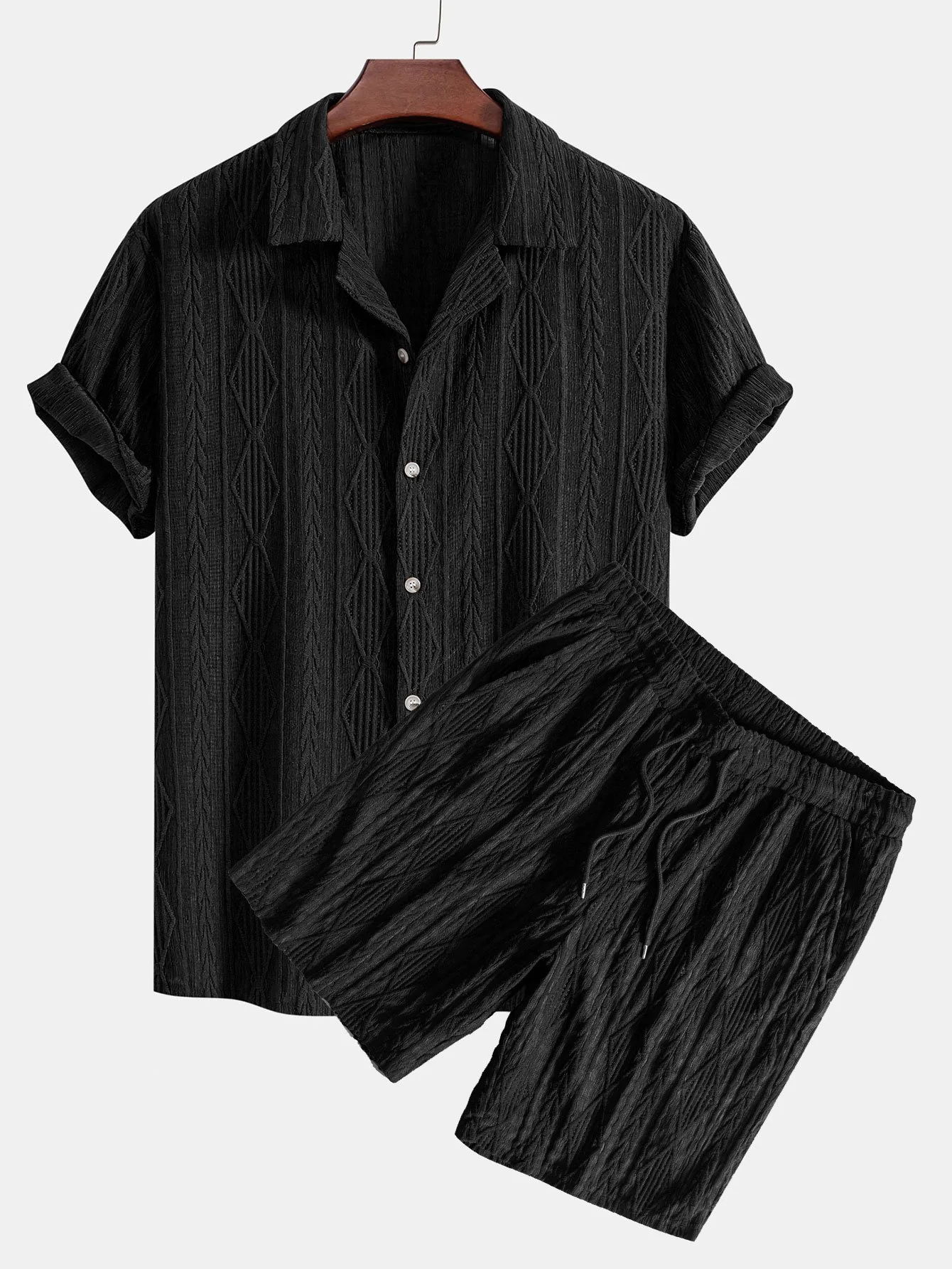 Geometrisches Jacquard-Cuban-Shirt & Texturierte Shorts mit Futter - Image 3