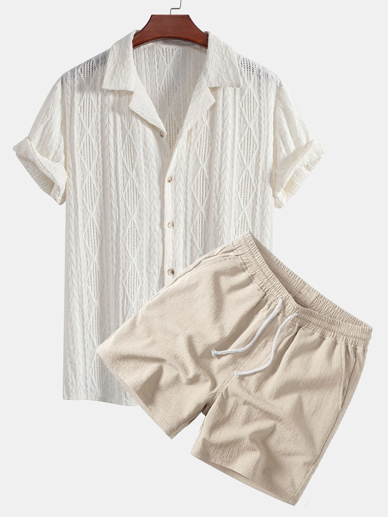 Geometric Jacquard Eyelet Cuban Shirt & Crinkle Textured Drawstring 5" Shorts - Image 3