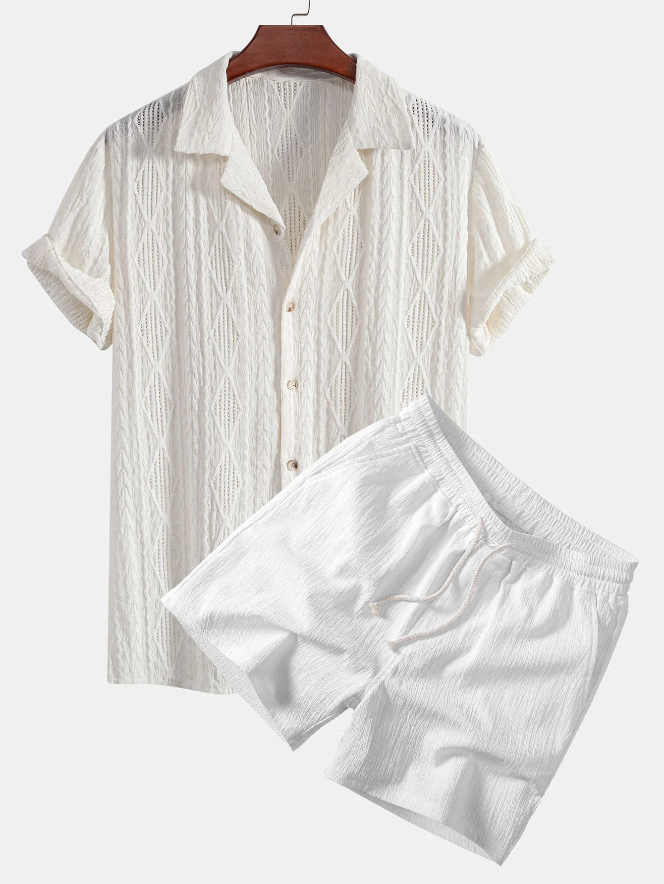 Geometric Jacquard Eyelet Cuban Shirt & Crinkle Textured Drawstring 5" Shorts - Image 4