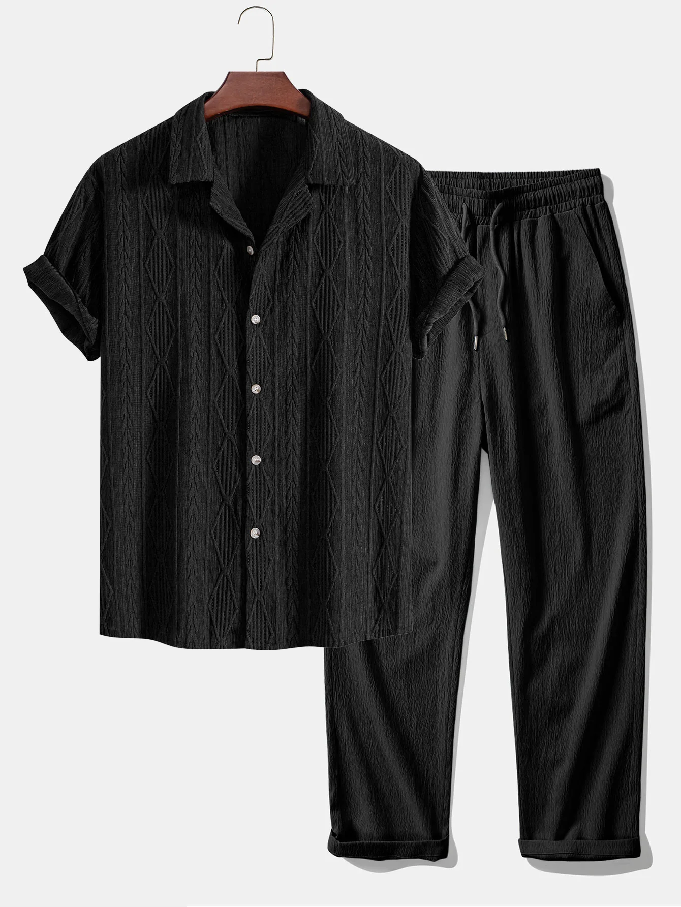 Geometrisches Jacquard-Lochmuster Cuban-Hemd & knitterstrukturierte Hose mit geradem Bein - Image 3