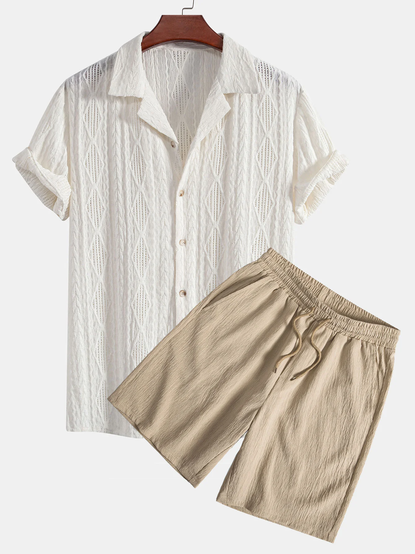 Geometrisches Jacquard-Augenloch-Cuban-Hemd & geknitterte, strukturierte Kordelzug-Shorts - Image 2