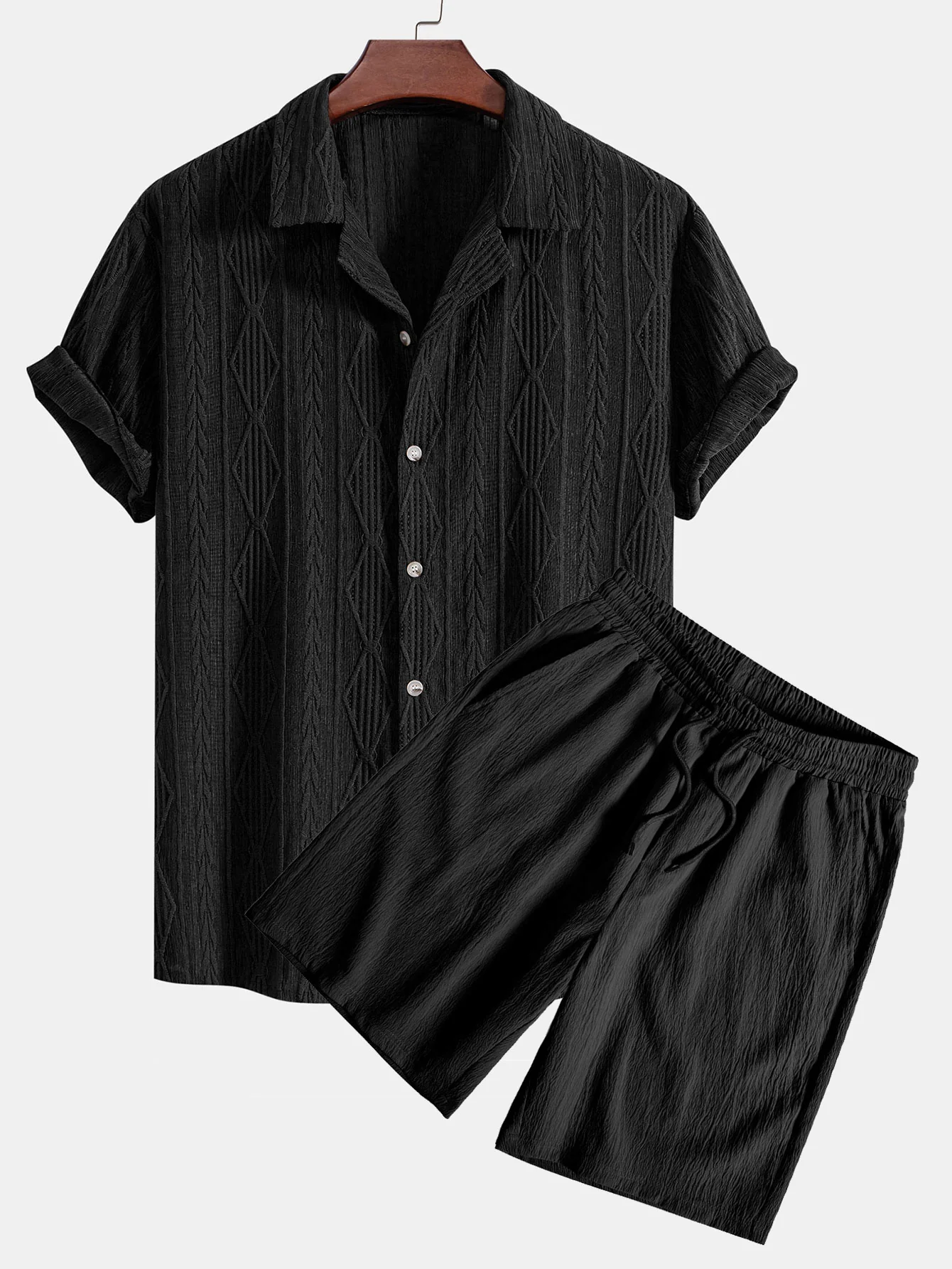 Geometrisches Jacquard-Augenloch-Cuban-Hemd & geknitterte, strukturierte Kordelzug-Shorts - Image 3